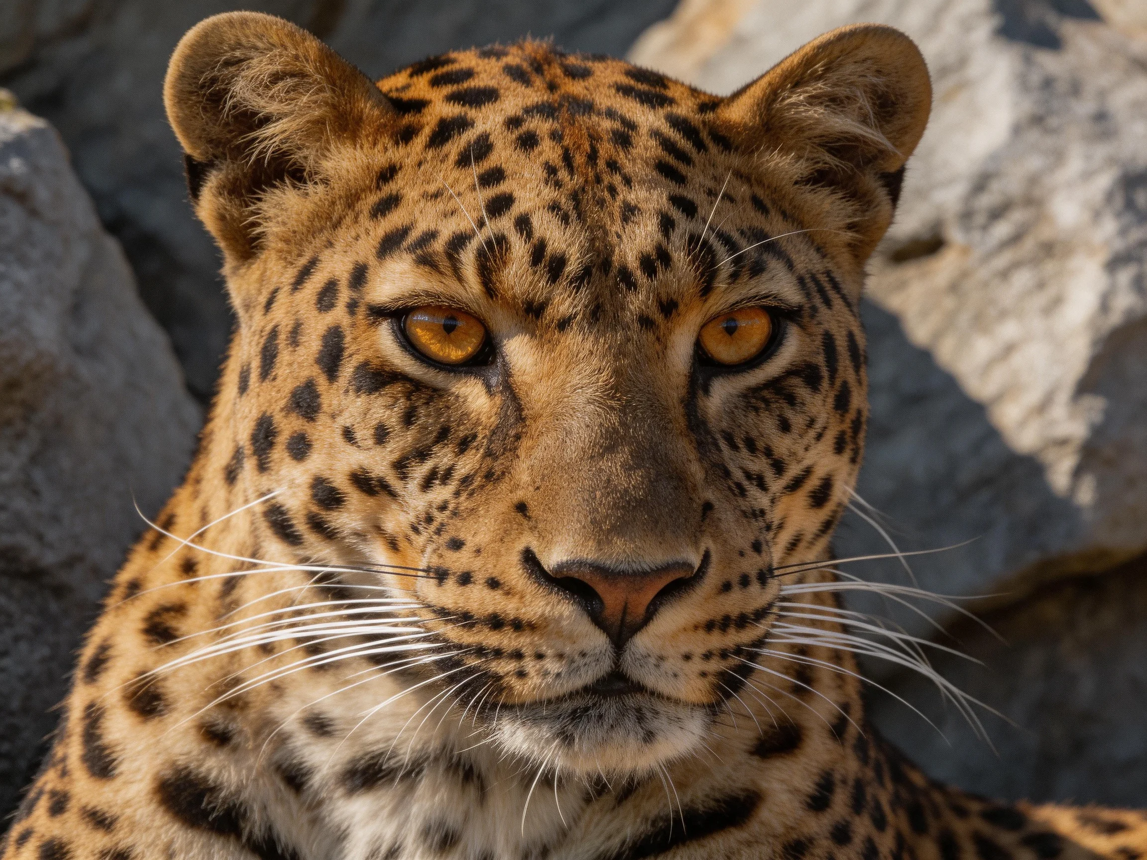 A golden - spotted leopard is shown near rocks, displaying its detailed facial features.