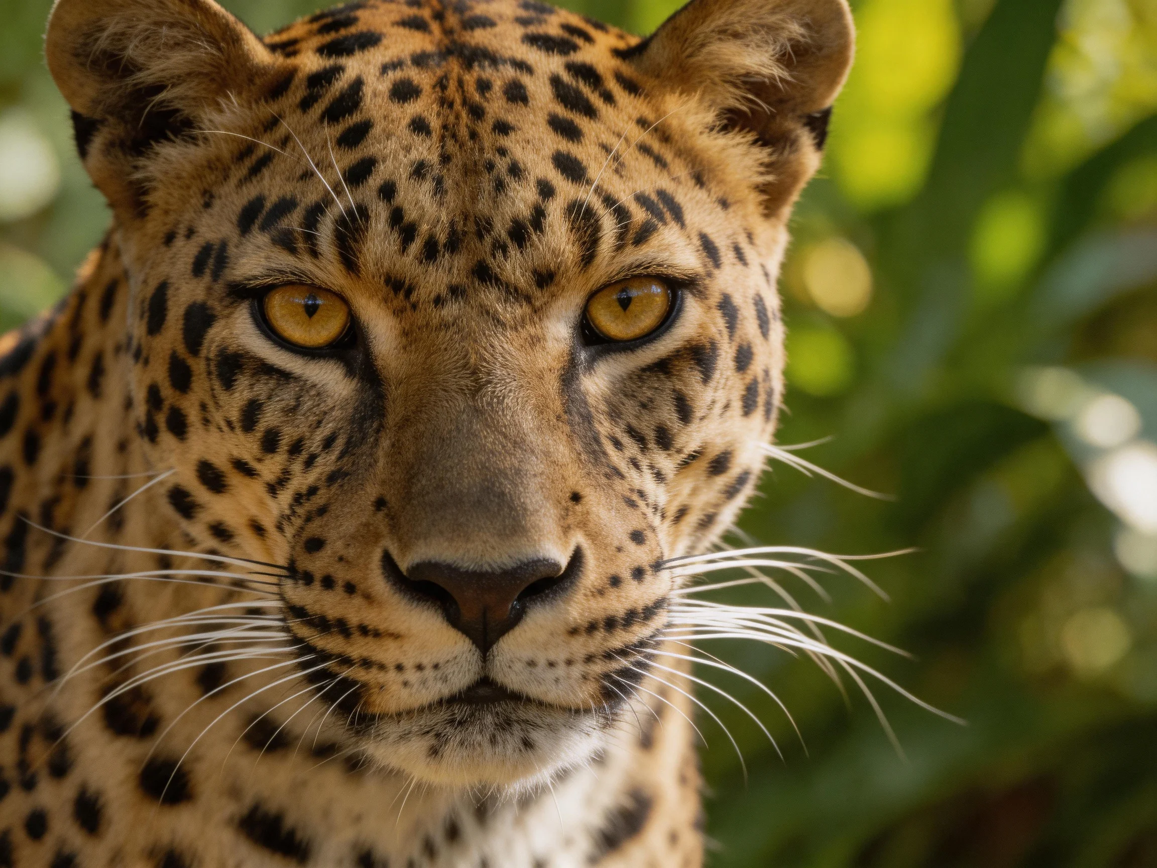A leopard with bold spots gazes directly at the camera amid greenery.