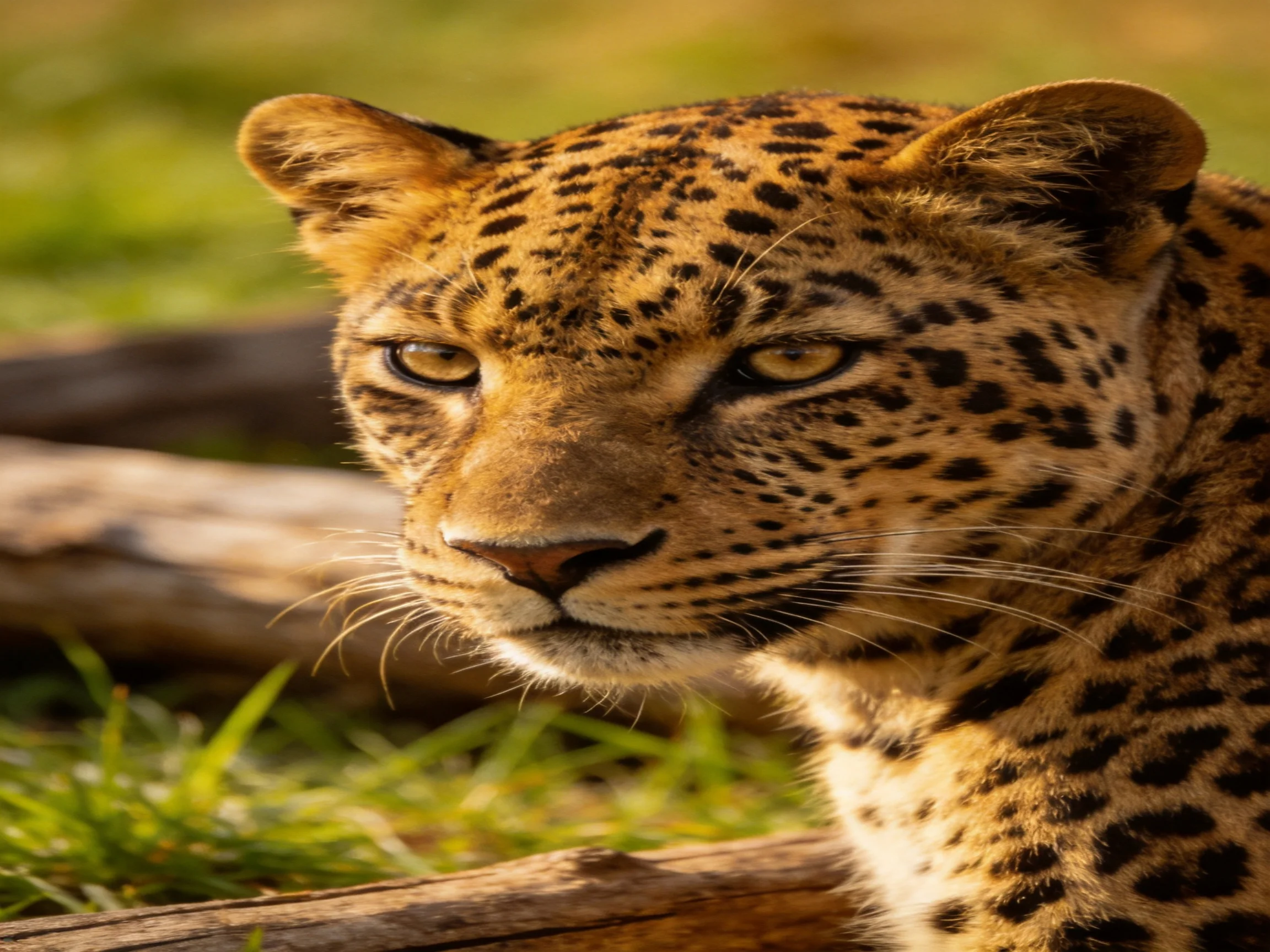 A leopard with golden - spotted fur rests near wooden logs and grass.