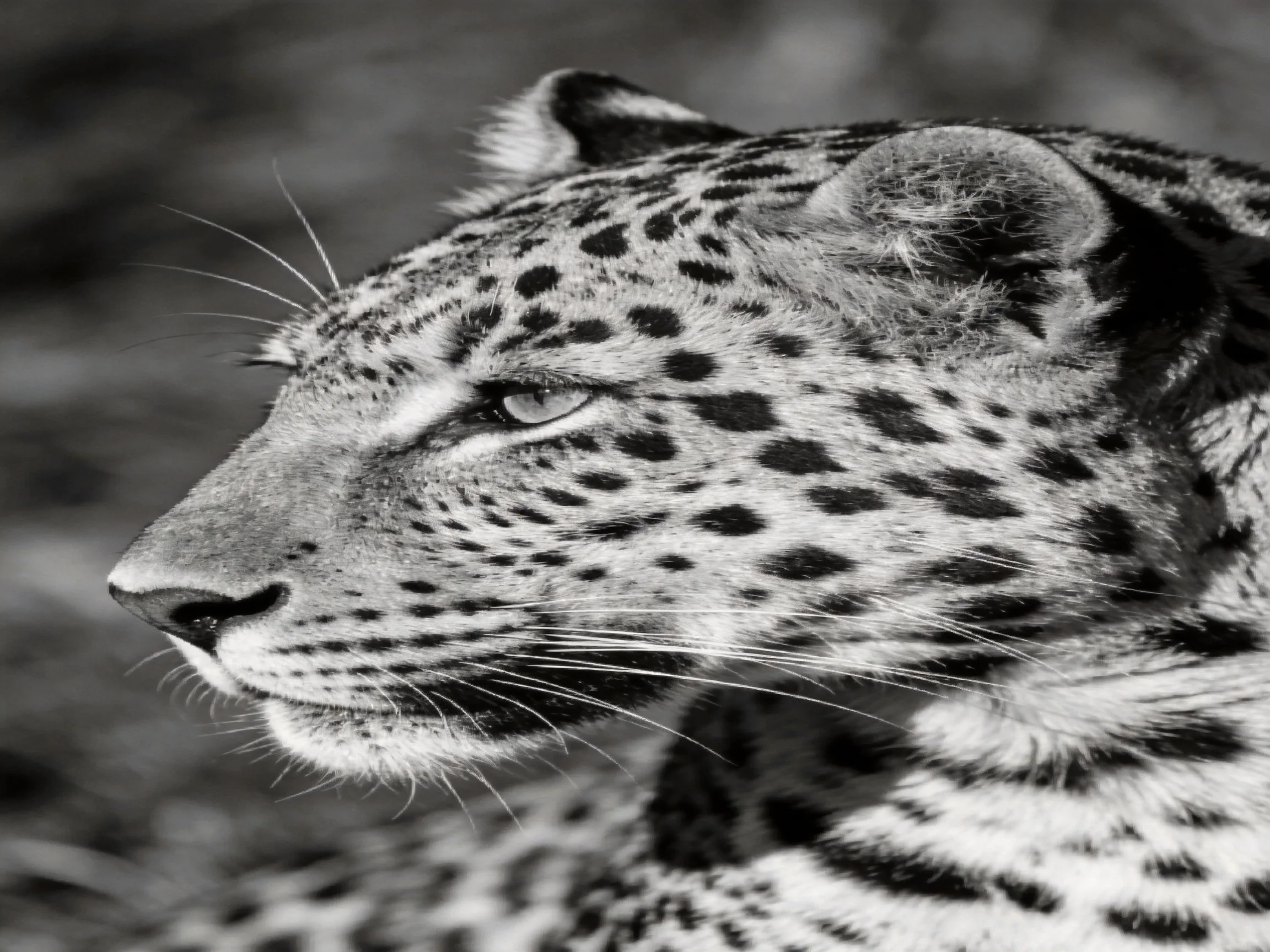 A leopard’s spotted face is depicted in a detailed black and white photograph.