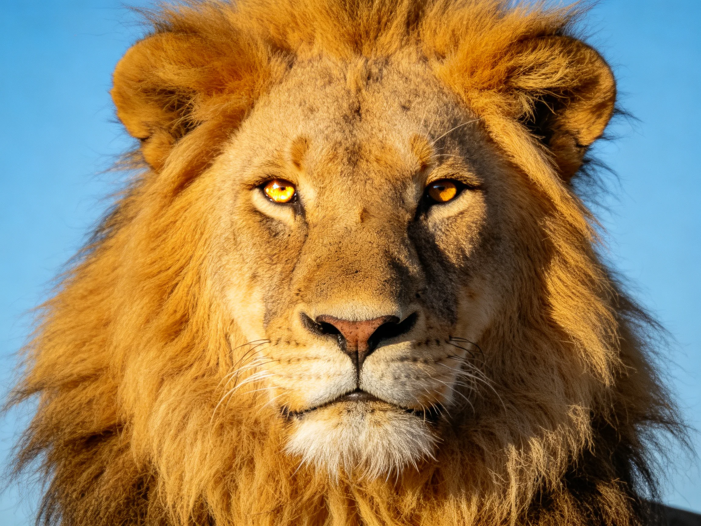 A close - up of a lion with a golden mane is shown against a blue sky.