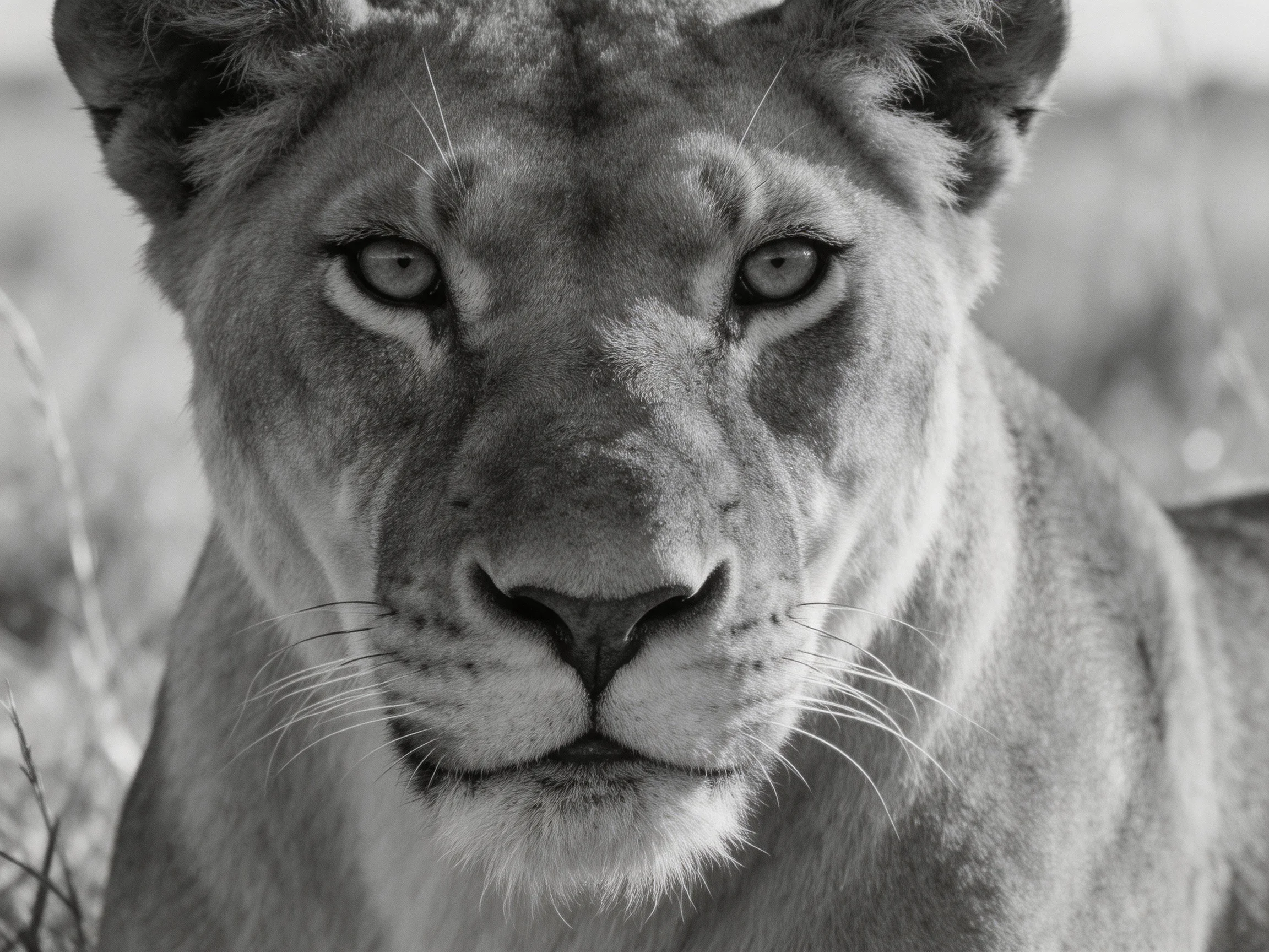 A close - up of a lioness in monochrome highlights her clear facial features.