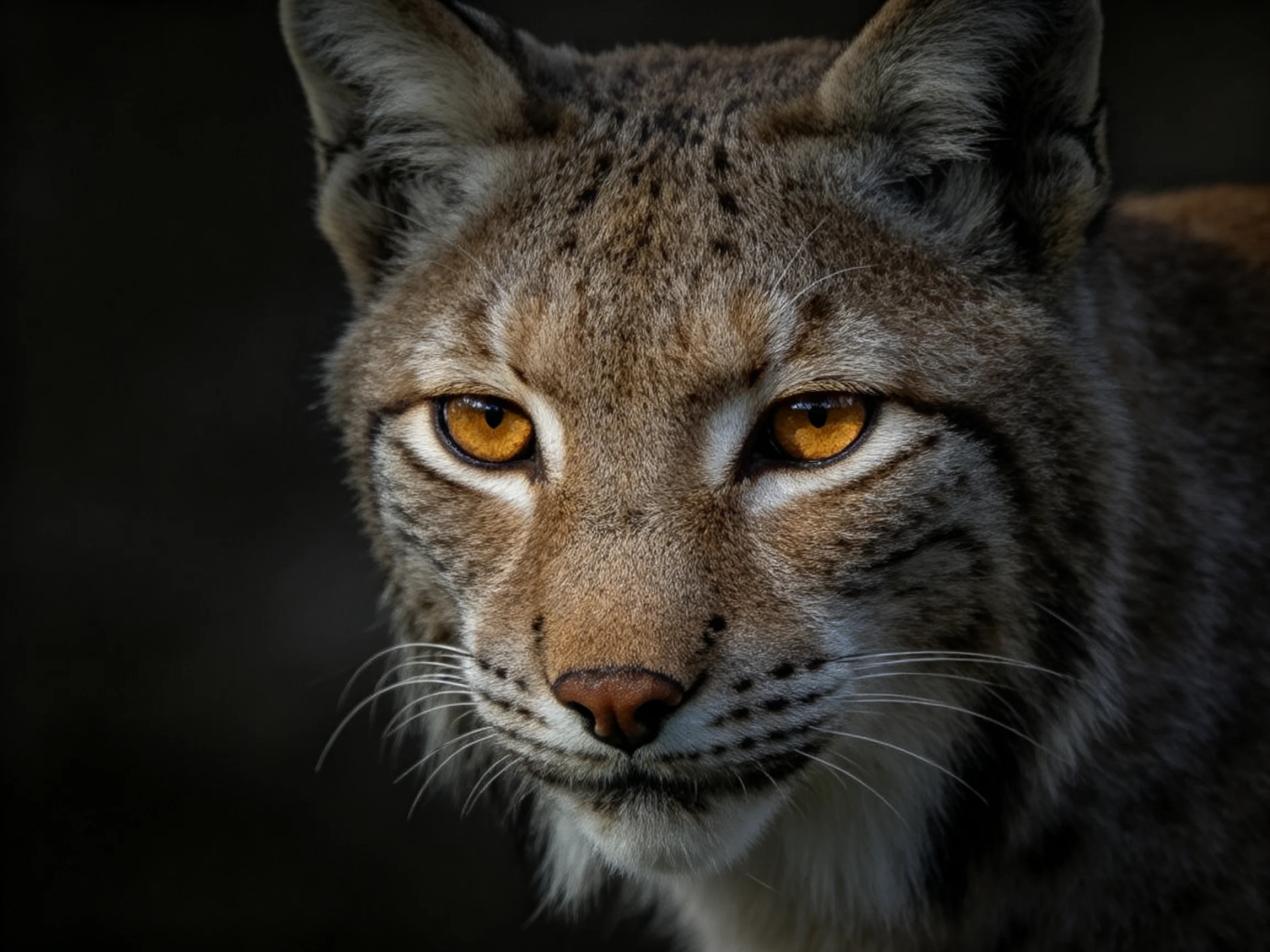 A lynx with amber eyes is shown up close against a dark background.
