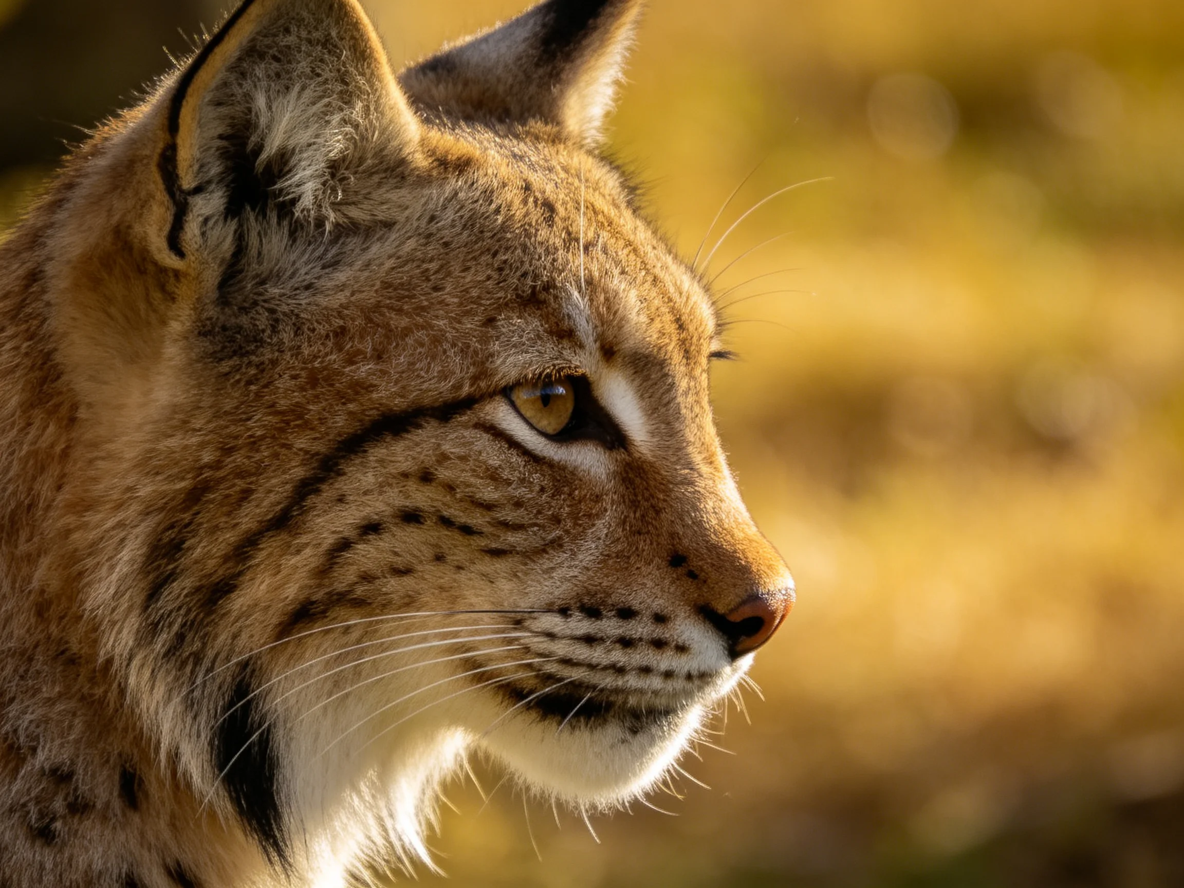 A lynx with golden eyes and spotted fur is shown in profile against a blurred yellow background.