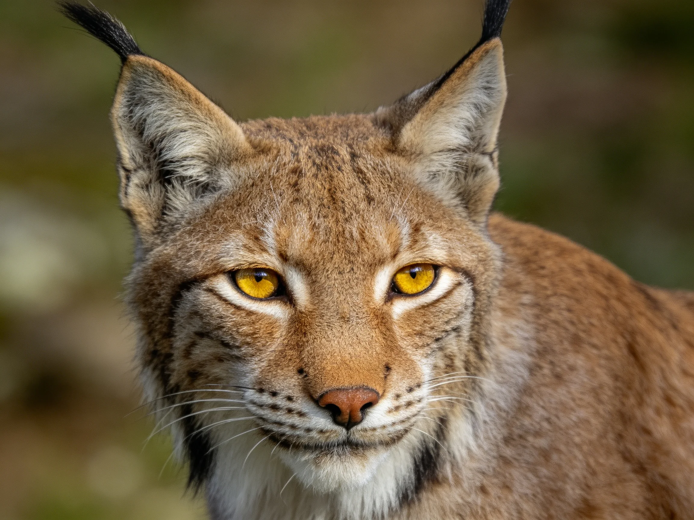 A lynx with golden fur and bright yellow eyes is captured in a close - up.