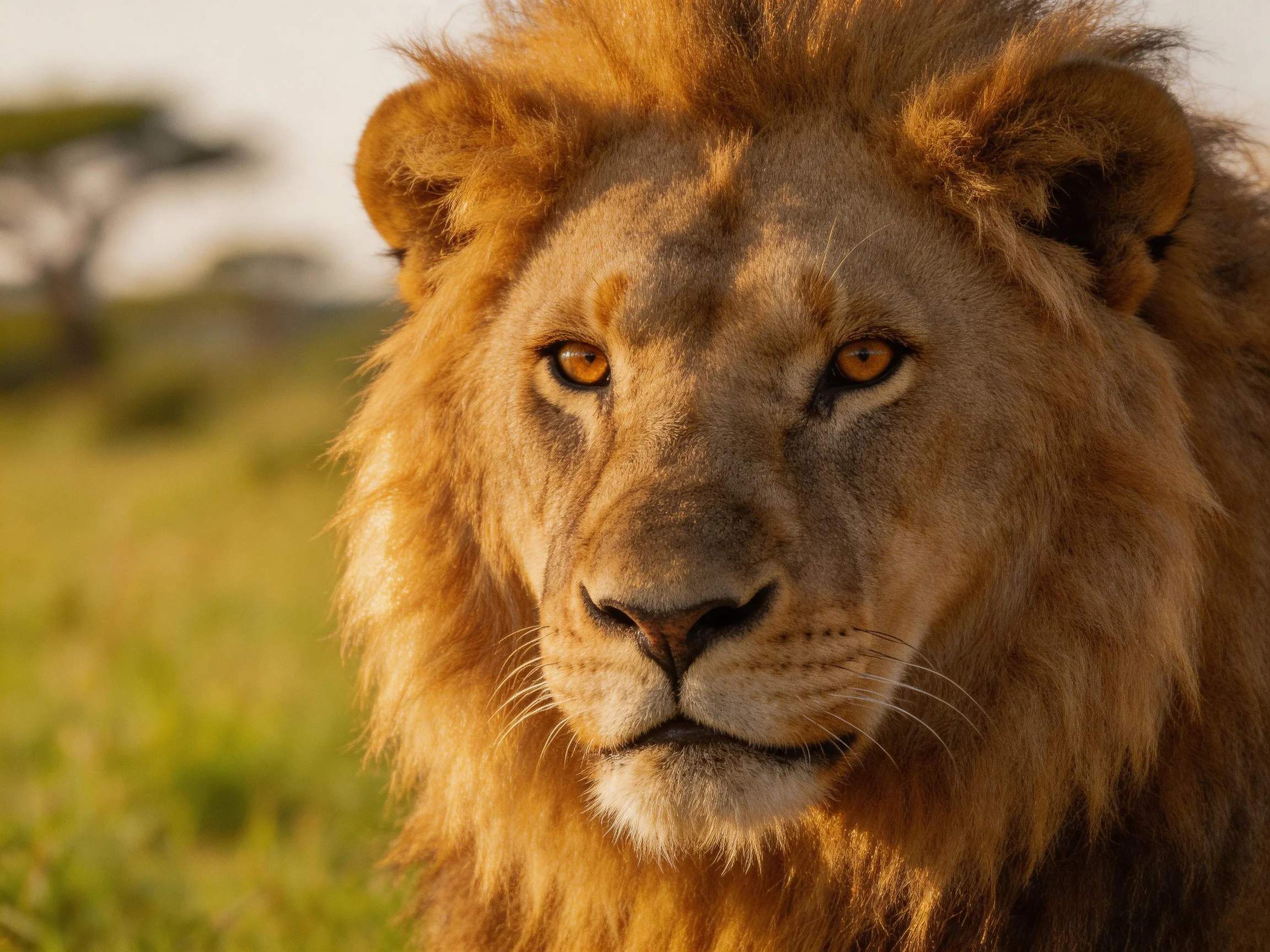 Close - up showing a male lion displaying his thick golden mane in a savannah.