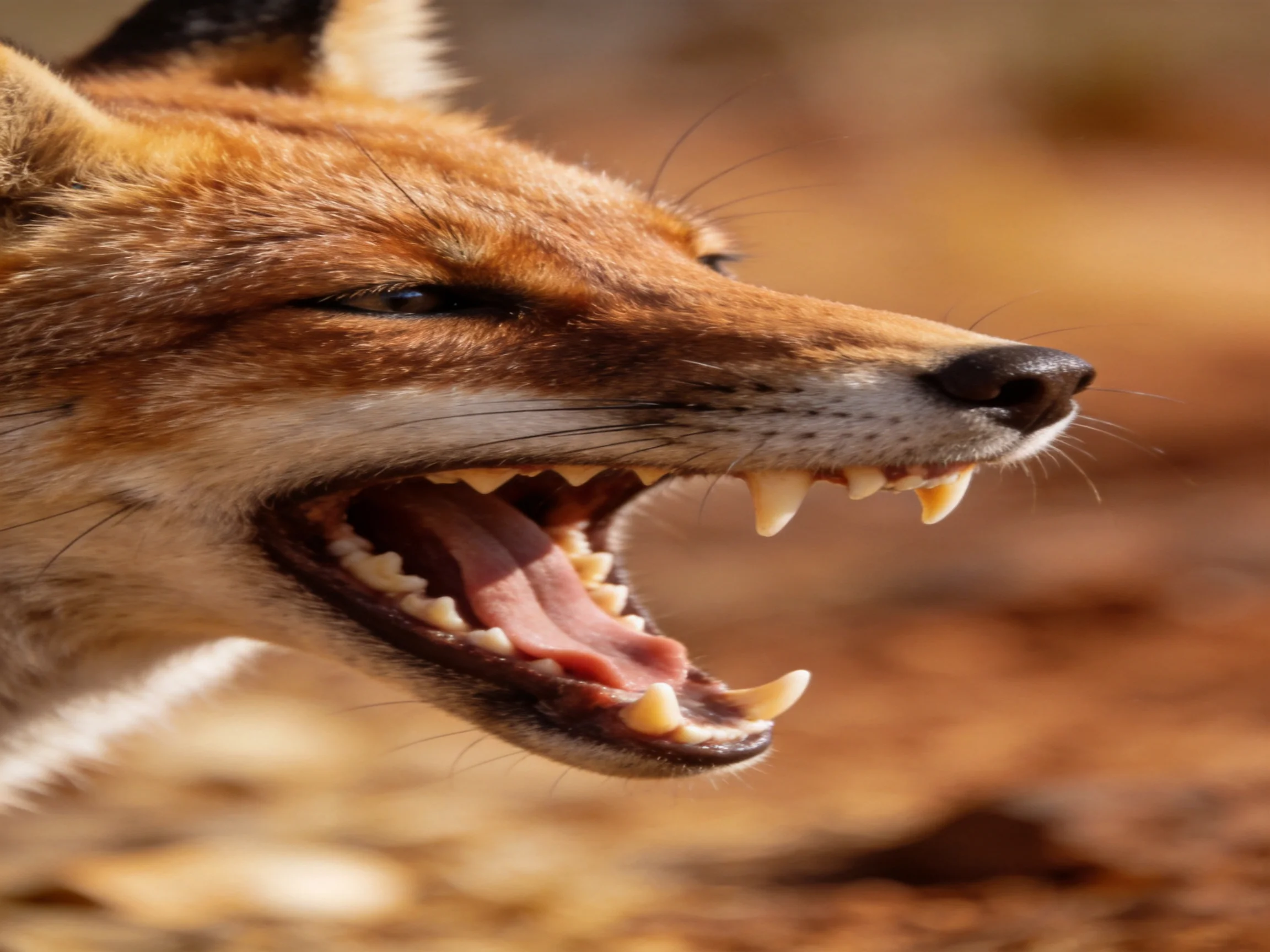 A close - up shows a reddish - brown fox with its mouth open, revealing sharp teeth.
