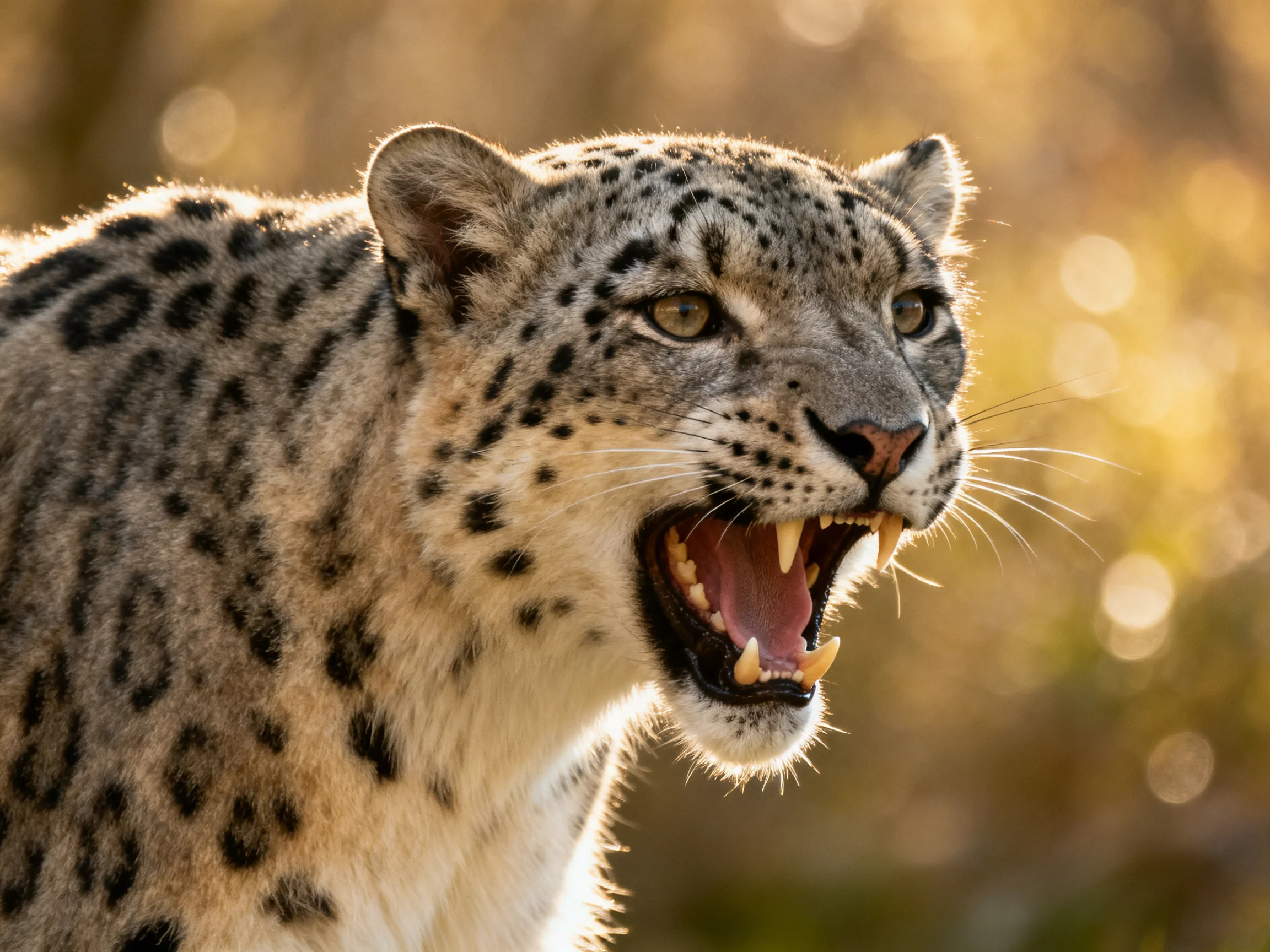 A close - up of a snarling snow leopard showing sharp teeth