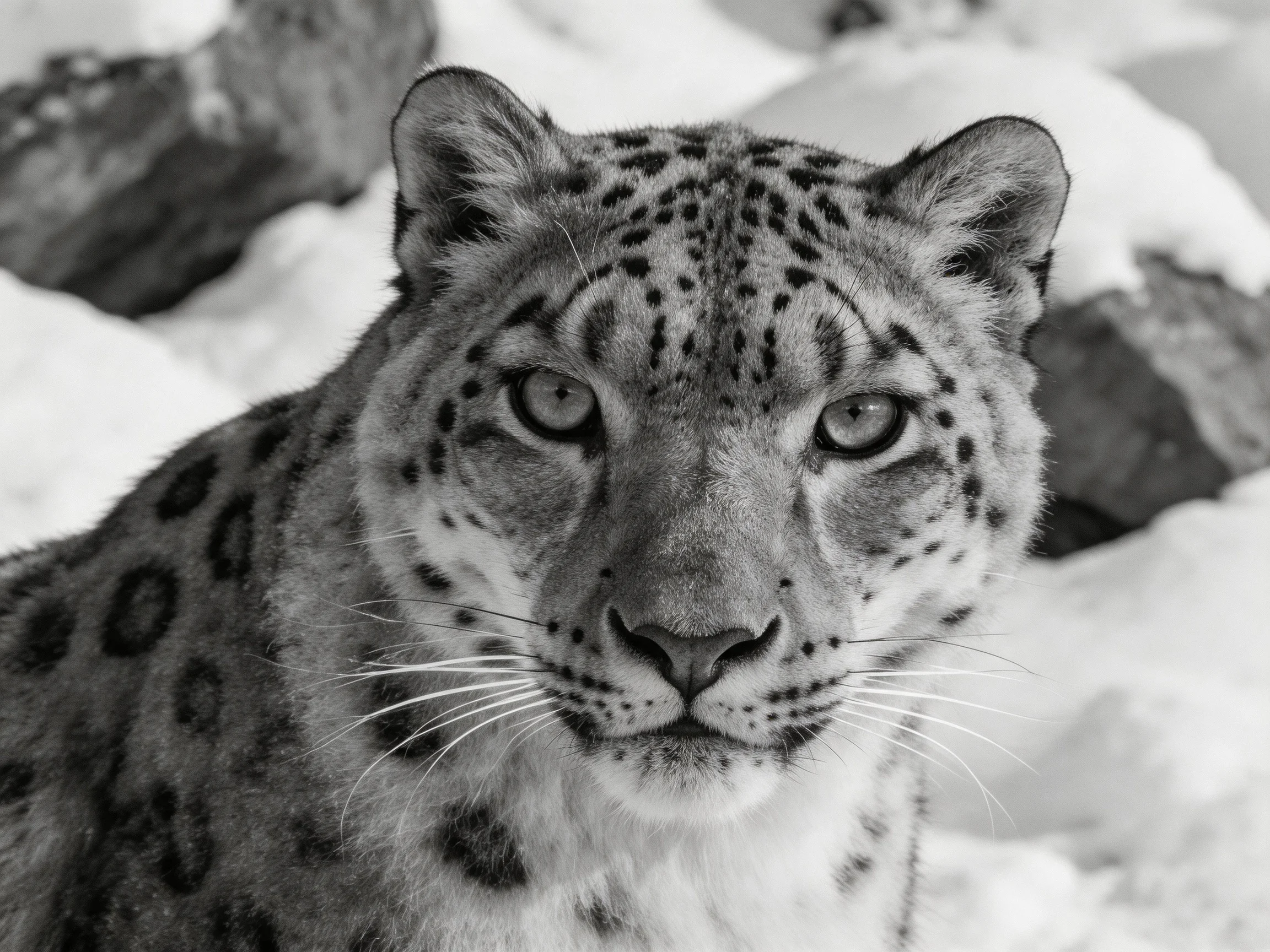 A snow leopard looks directly at the camera among snow and rocks.