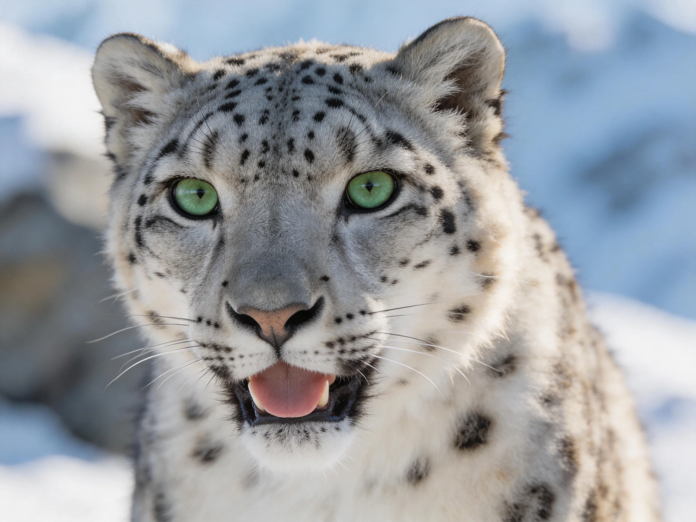 A snow leopard with green eyes is shown up close in a snowy setting.