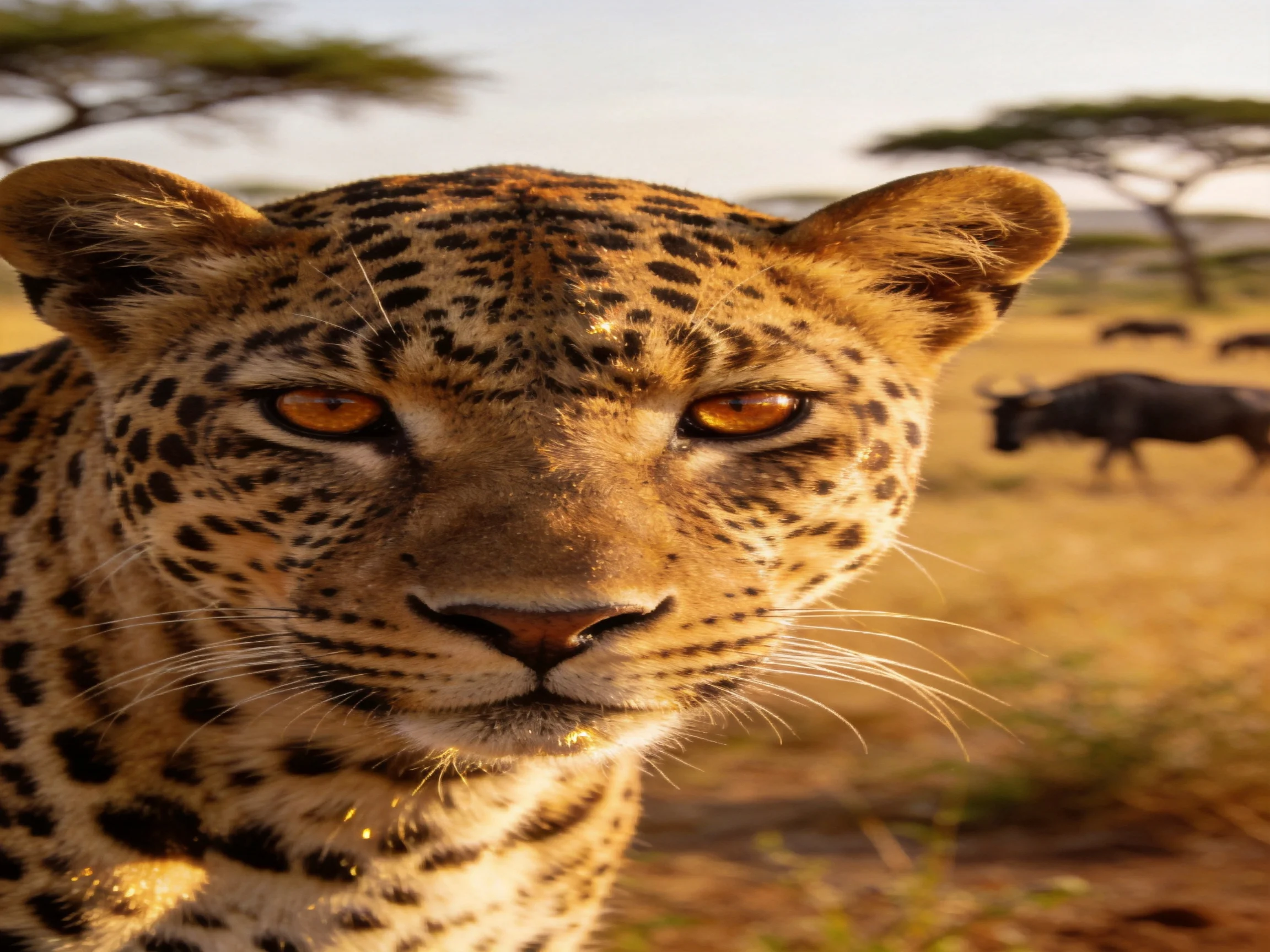 A spotted leopard gazes intently amid an African savannah backdrop.