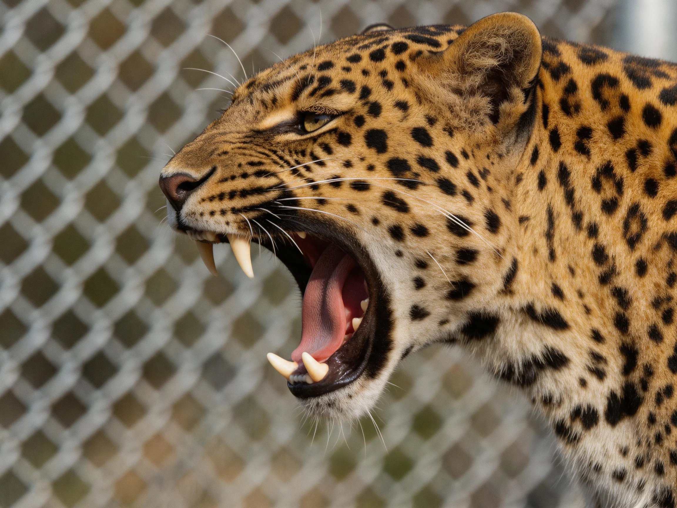 A leopard roars with mouth open near a chain - link fence, displaying sharp teeth.