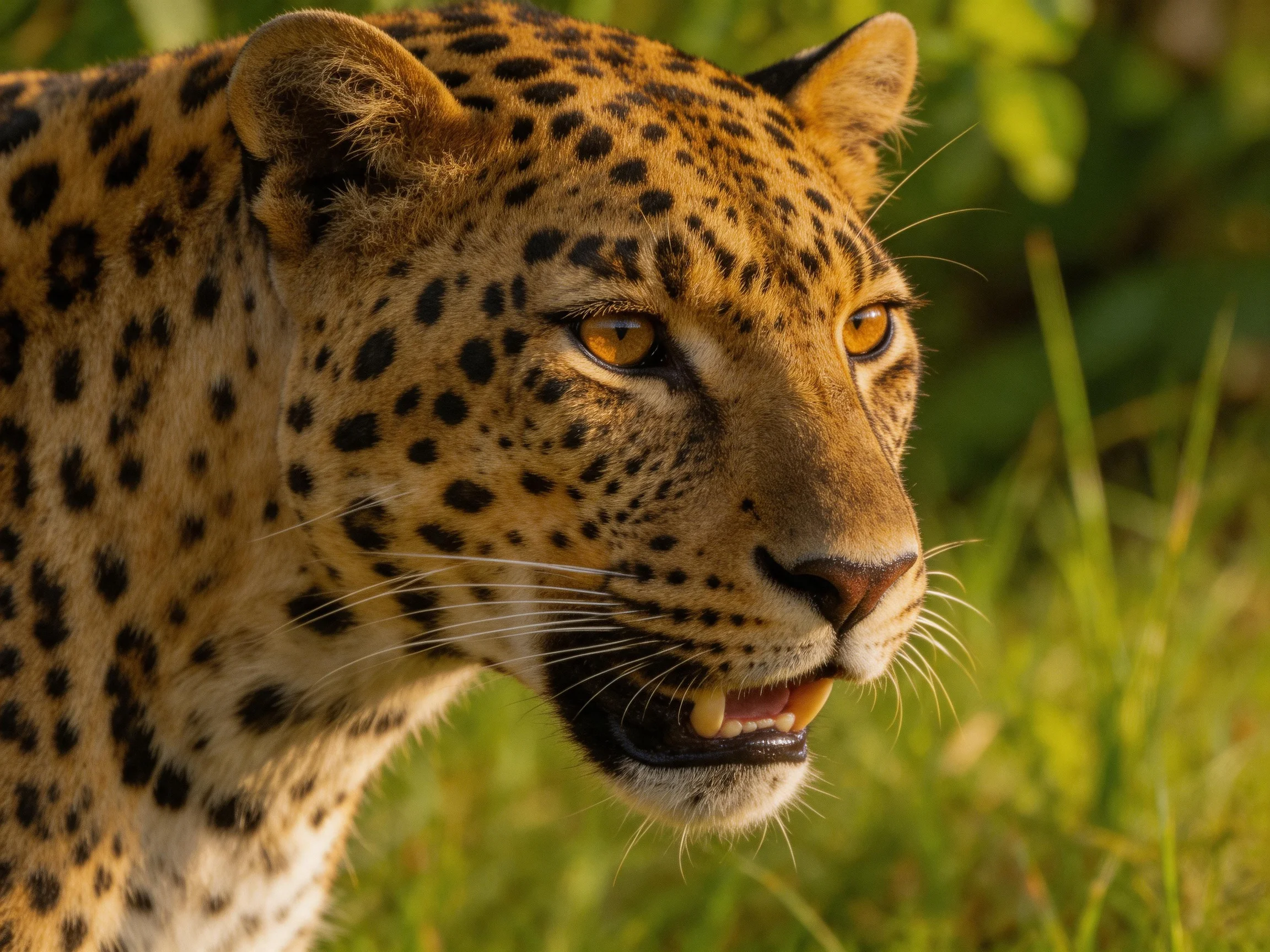 A close - up of a spotted leopard with amber eyes in lush green foliage