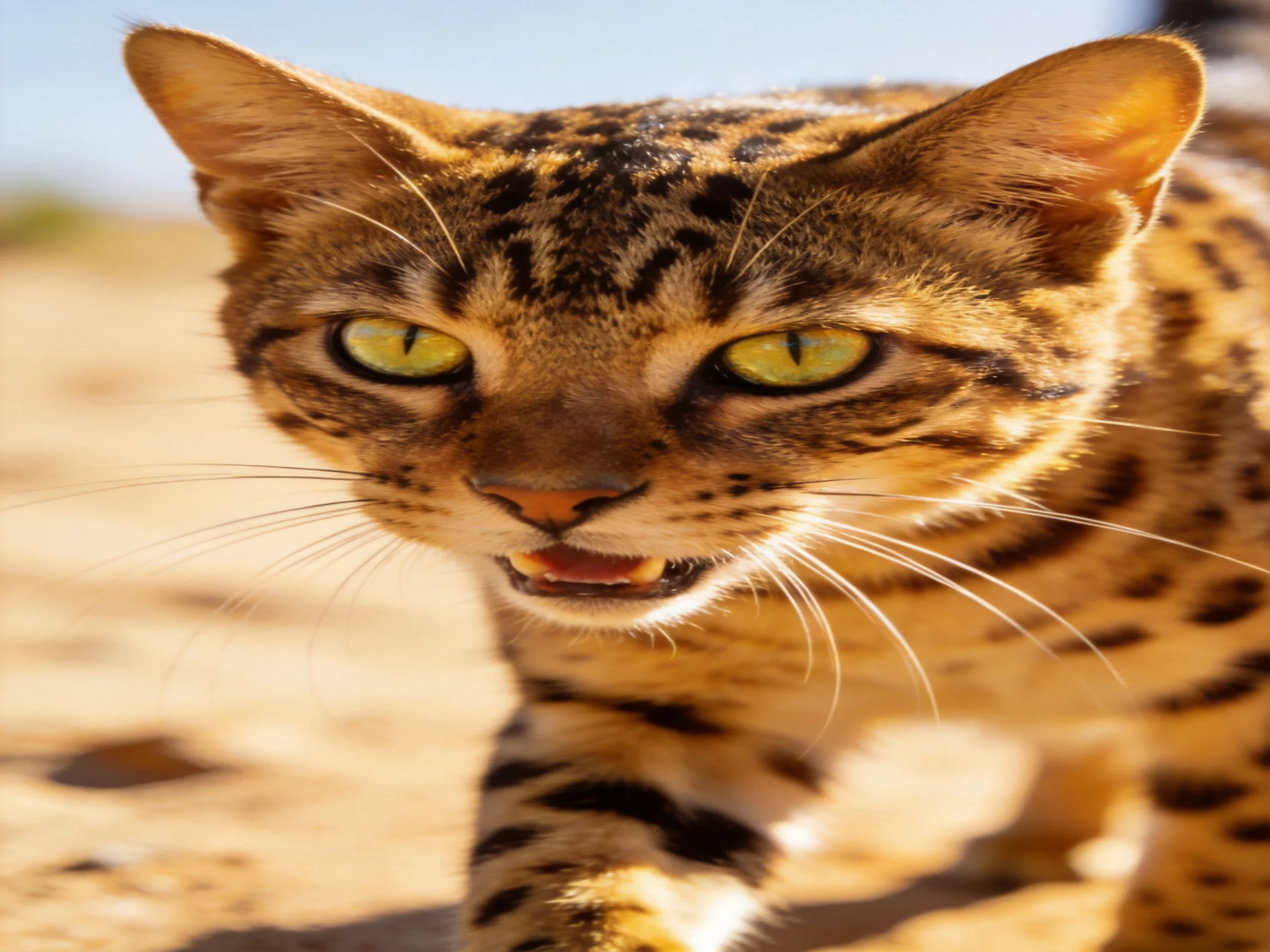 A close - up of a spotted wild cat with bright green eyes on sandy ground.