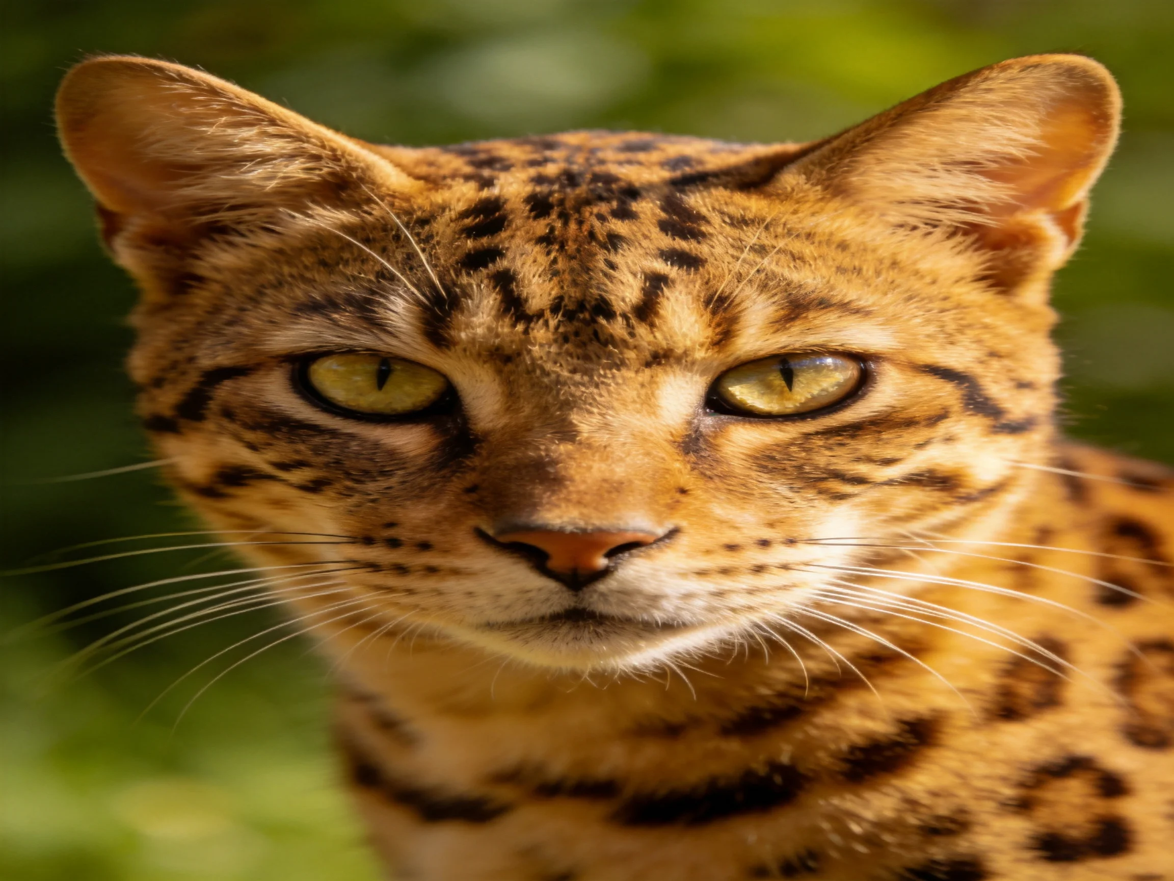 A spotted wild cat stares directly at the camera with golden eyes