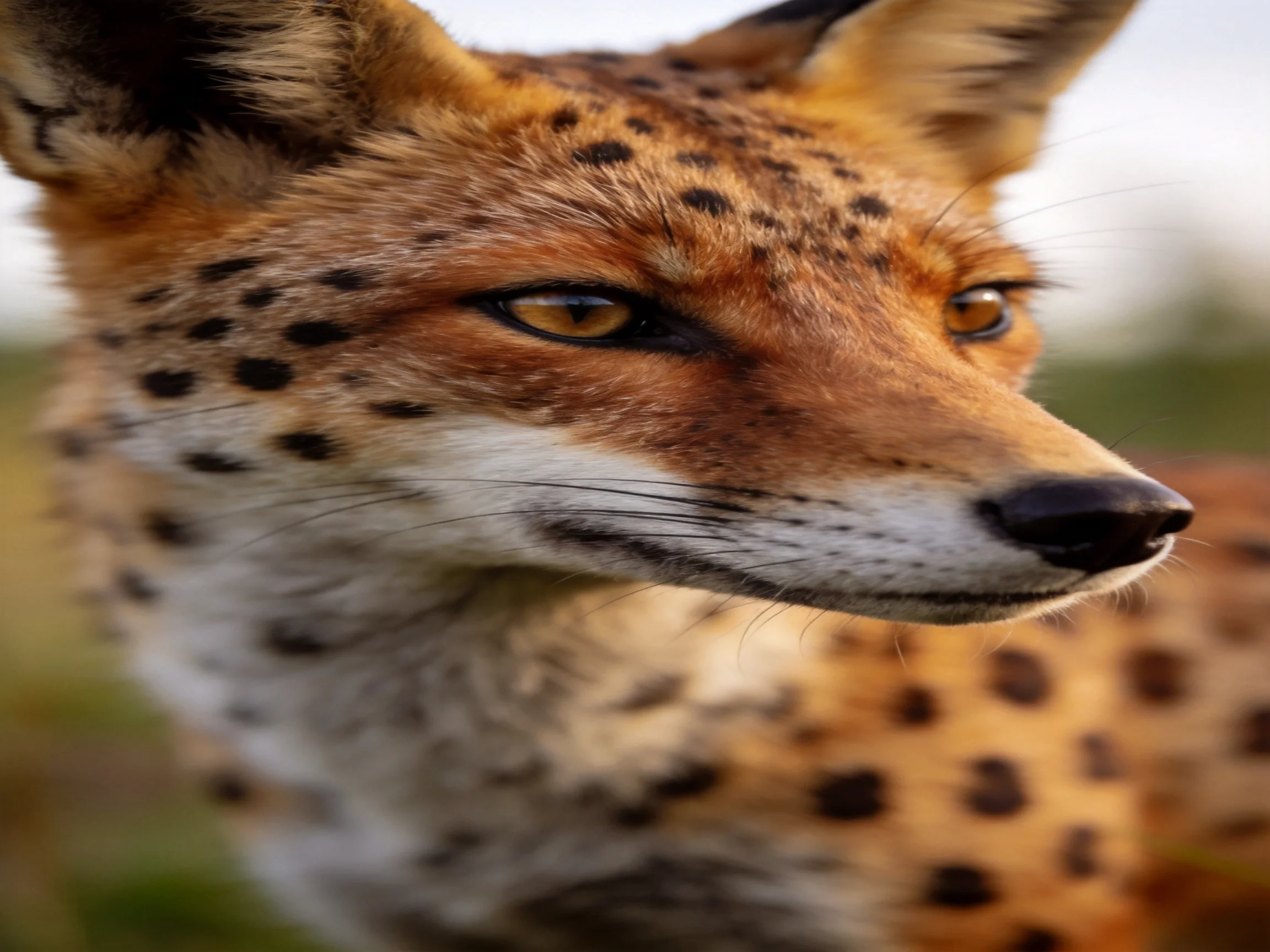 A close - up of a wild fox with spotted fur in