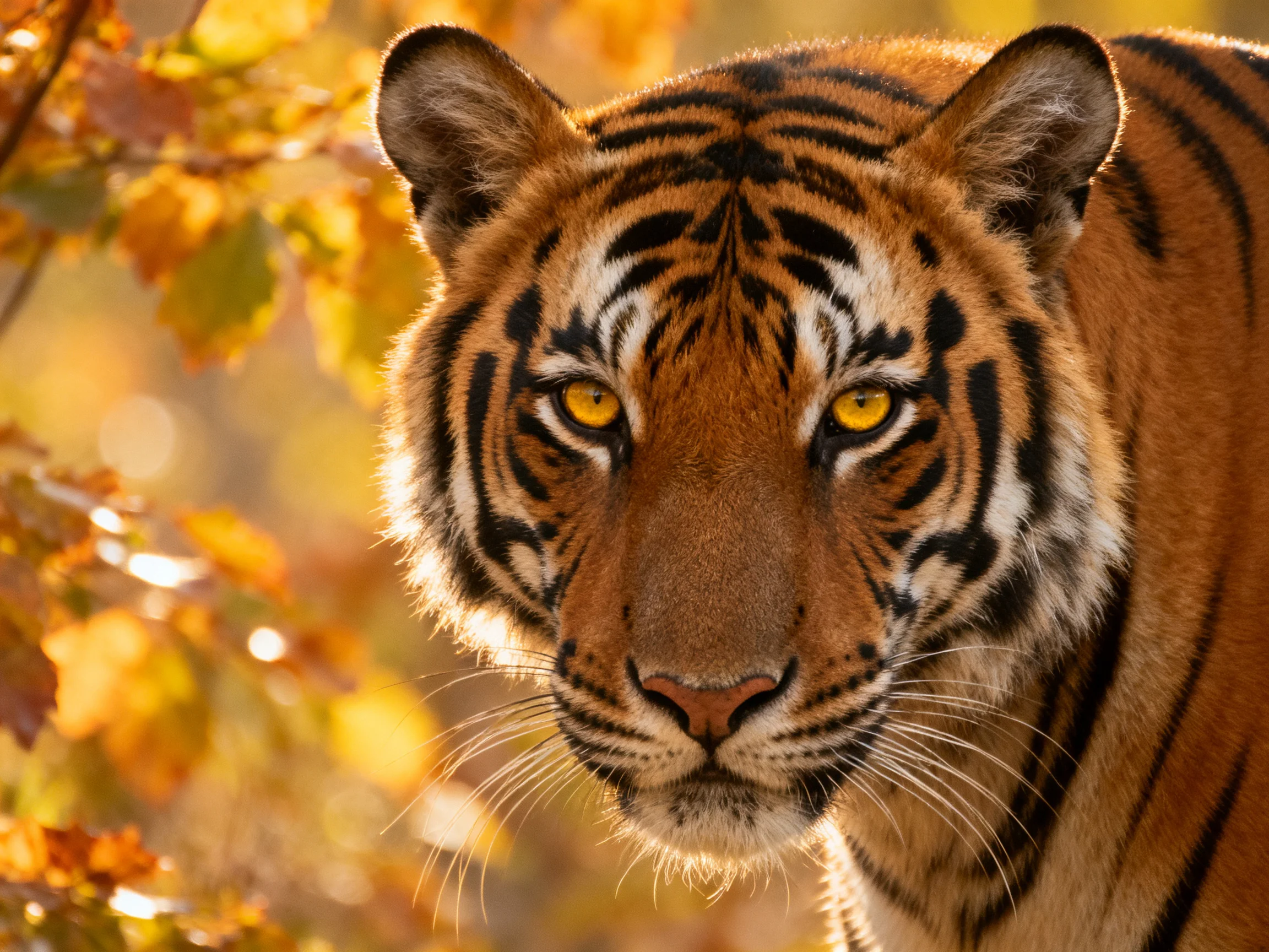 A tiger with striking features stands near autumn foliage.