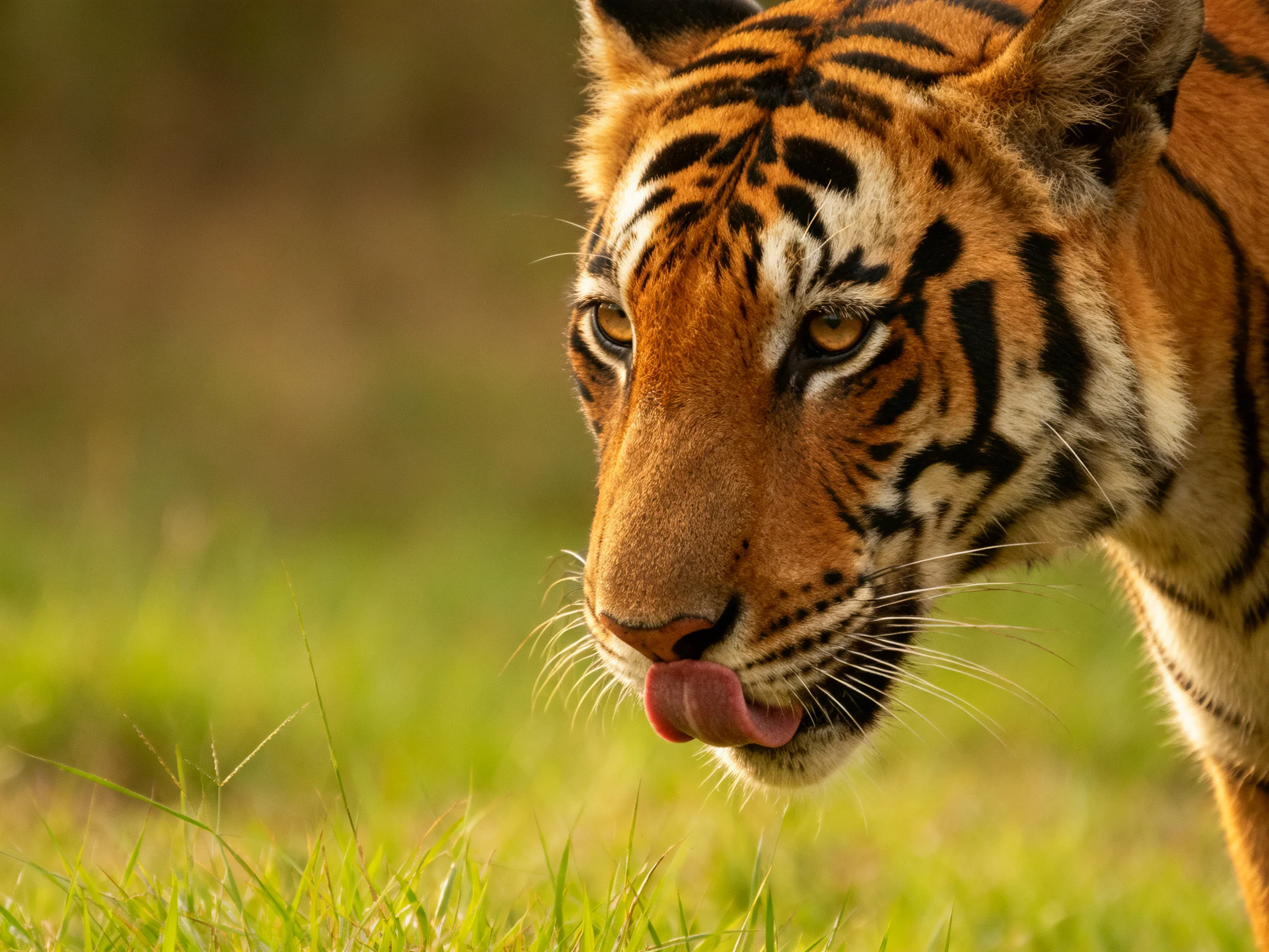 A tiger with orange fur and black stripes is in a grassy area.