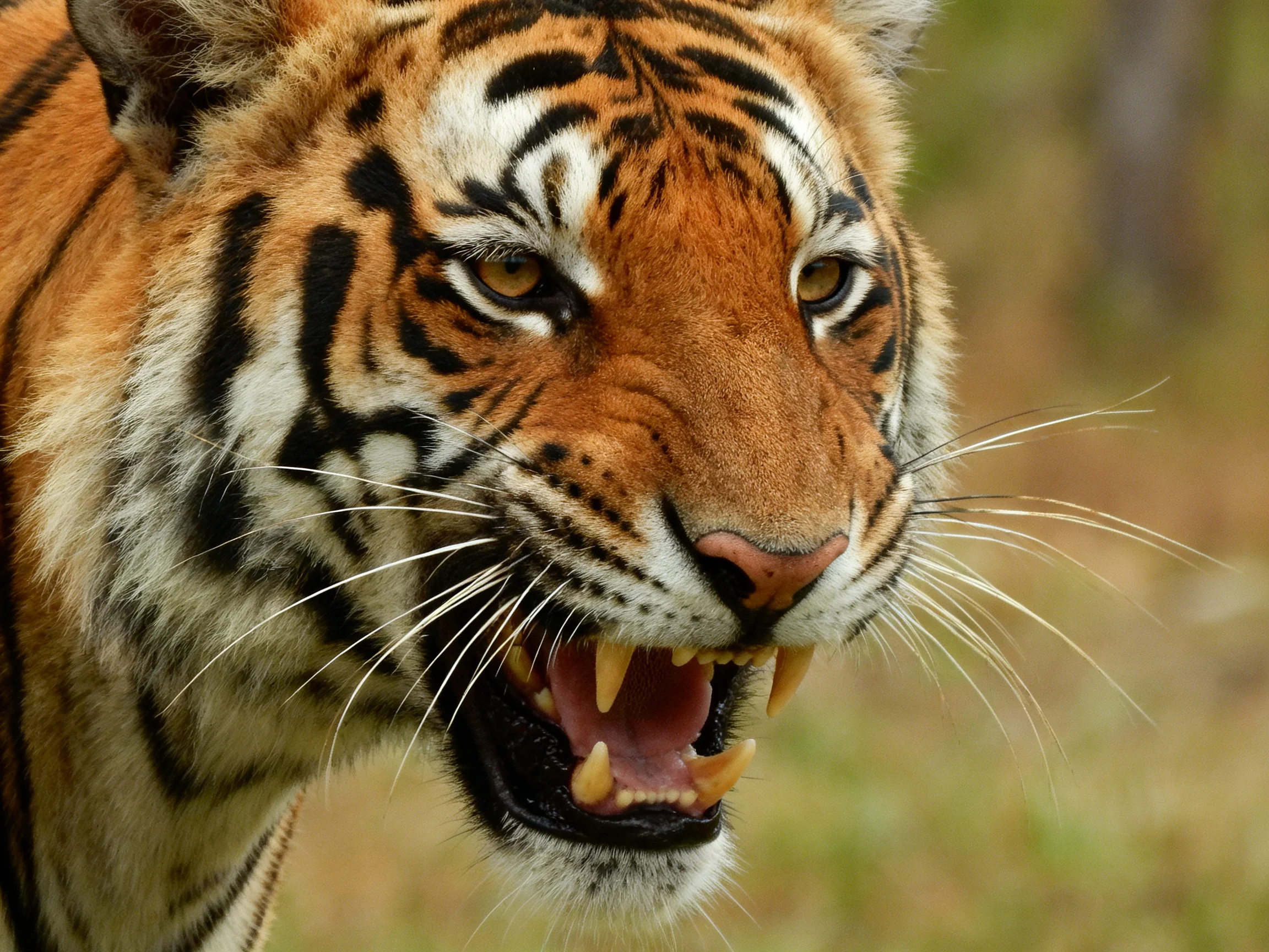 A close - up of a tiger with sharp teeth and bold black stripes