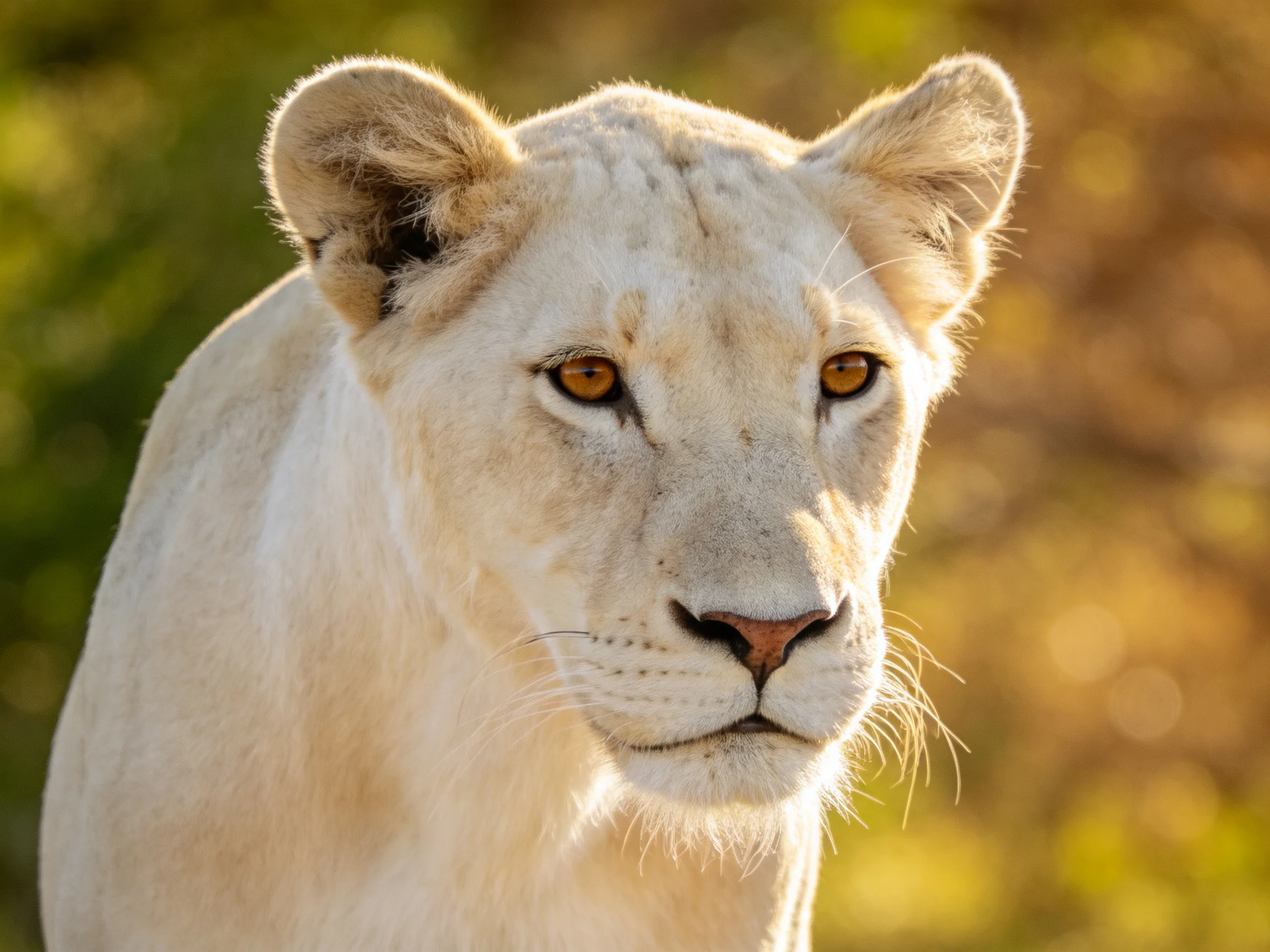 A white lioness intently gazes in a sunlit natural environment.