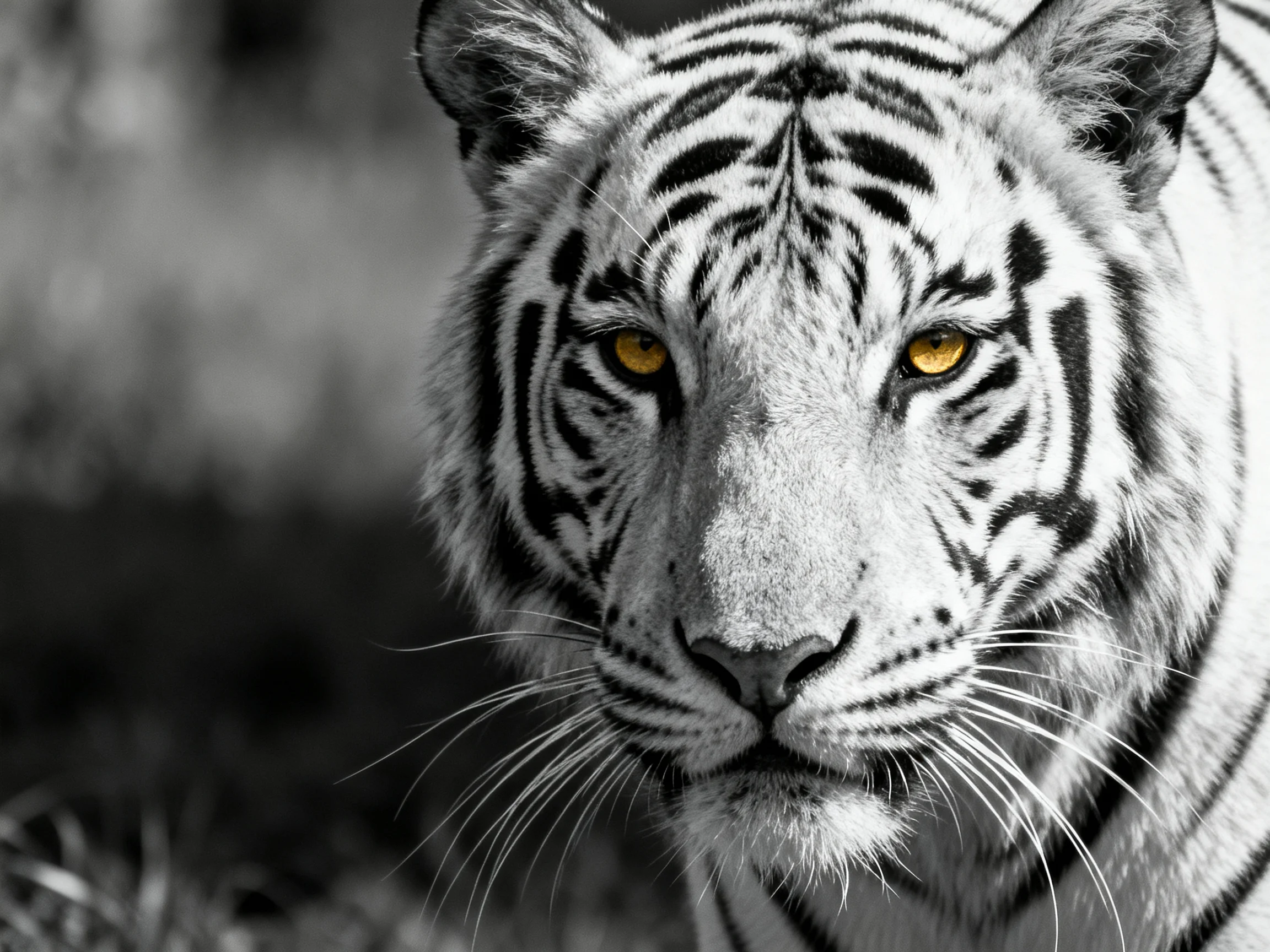 A close - up of a white tiger highlights its bold stripes and bright yellow eyes.