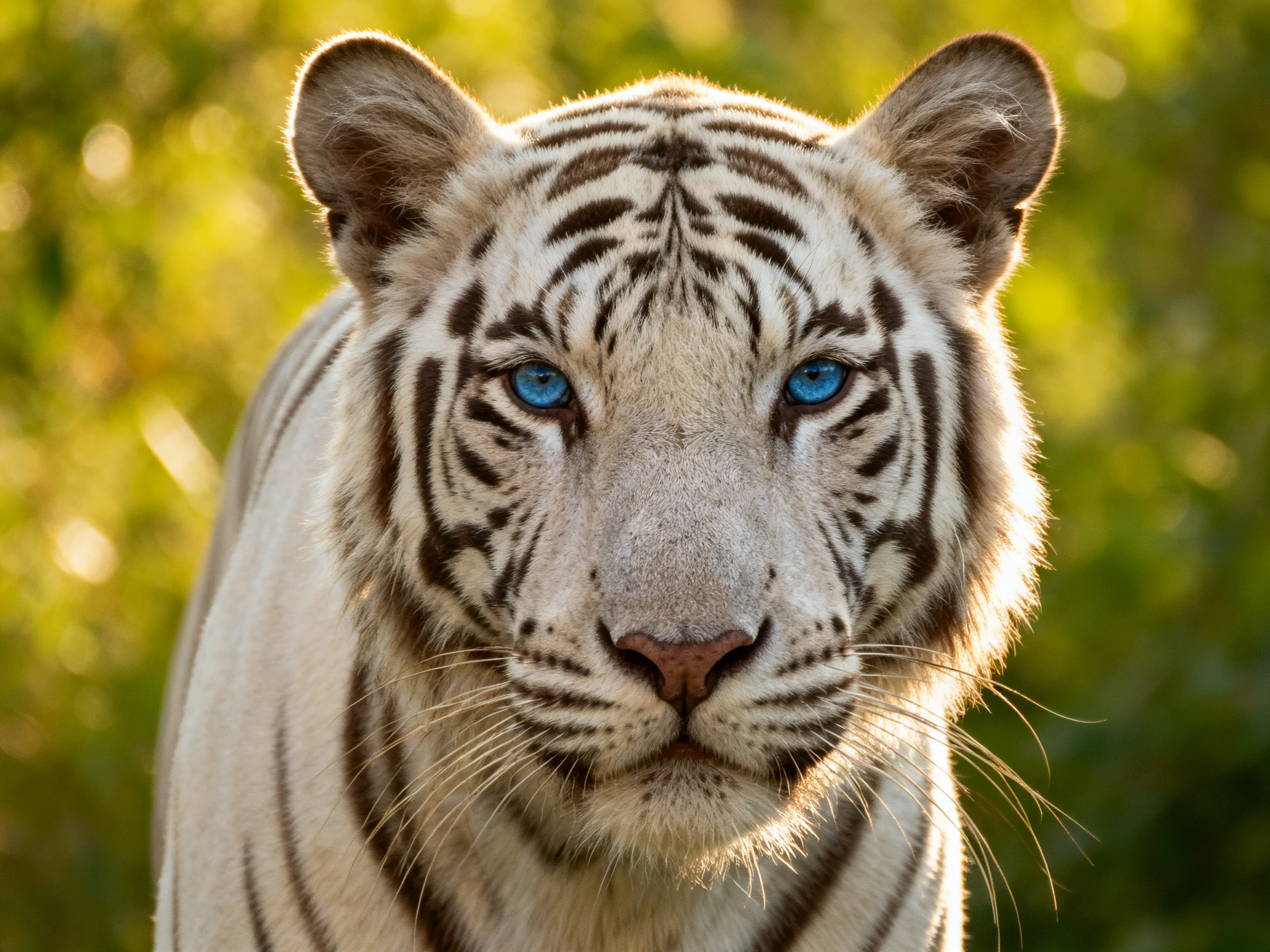 A close - up of a white tiger with blue eyes stands out against a blurred green backdrop.