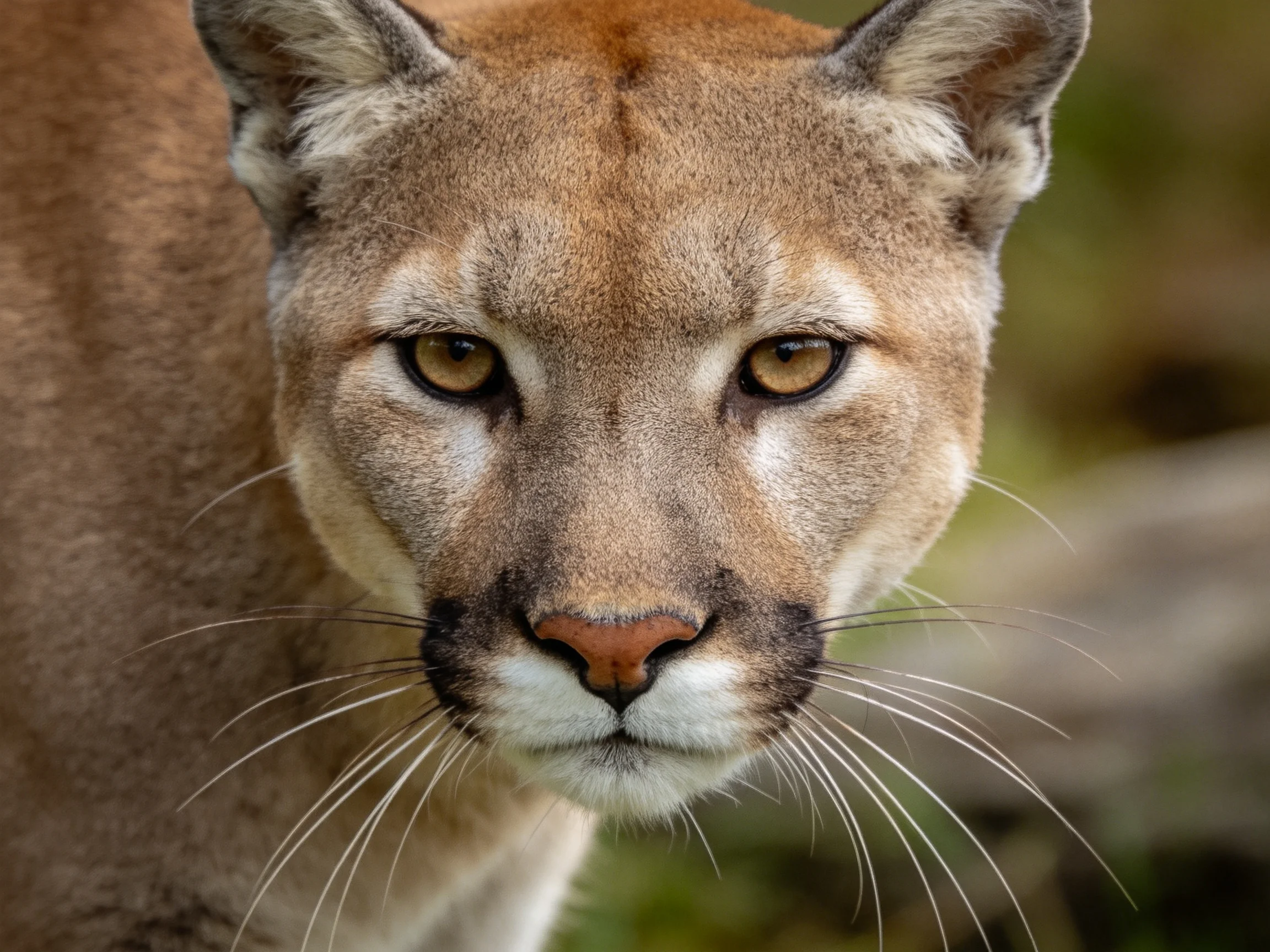 A mountain lion gazes intently at the camera with focused eyes.