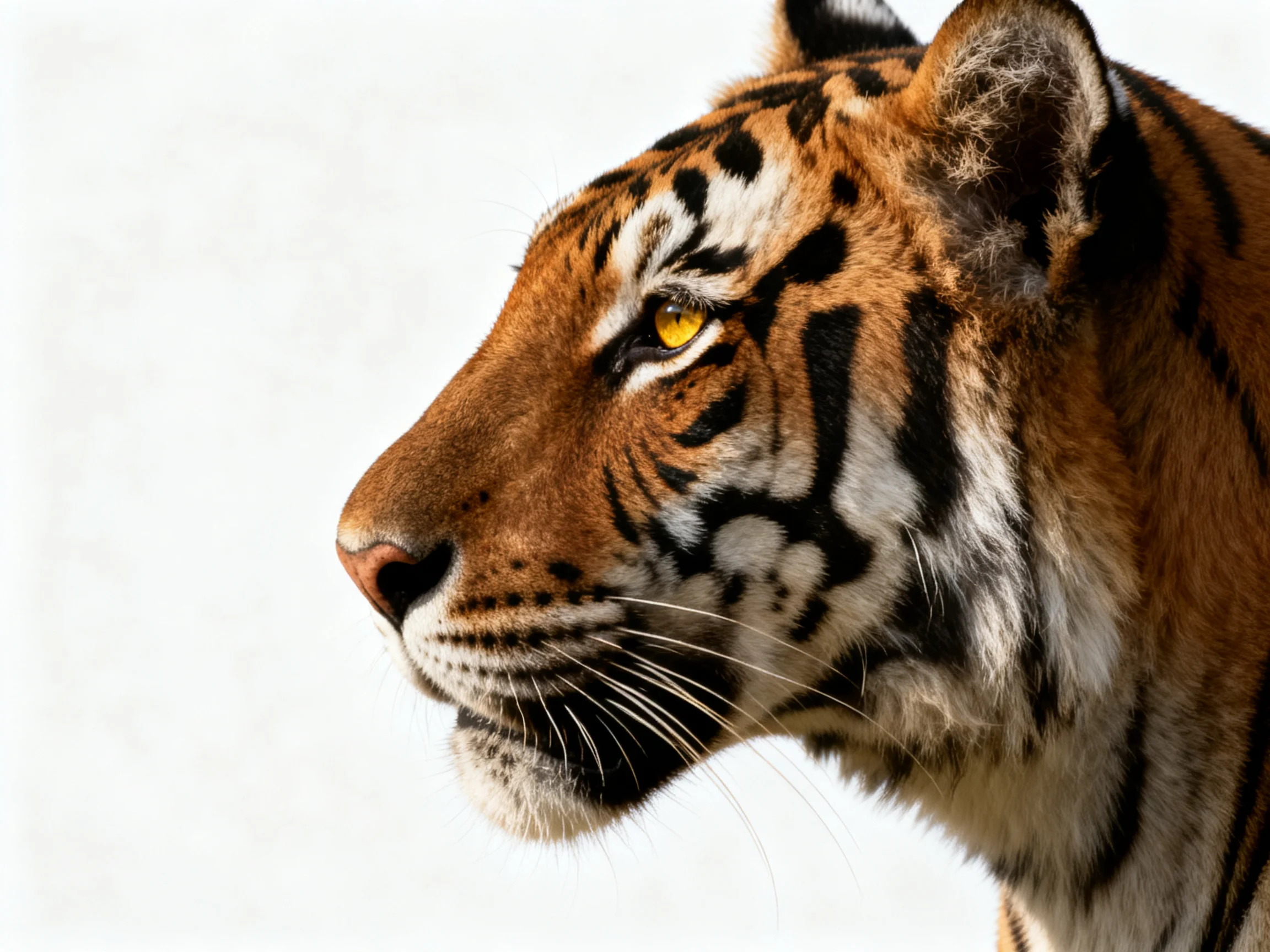 A close - up of a tiger with bold black stripes and bright yellow eyes on a white background.