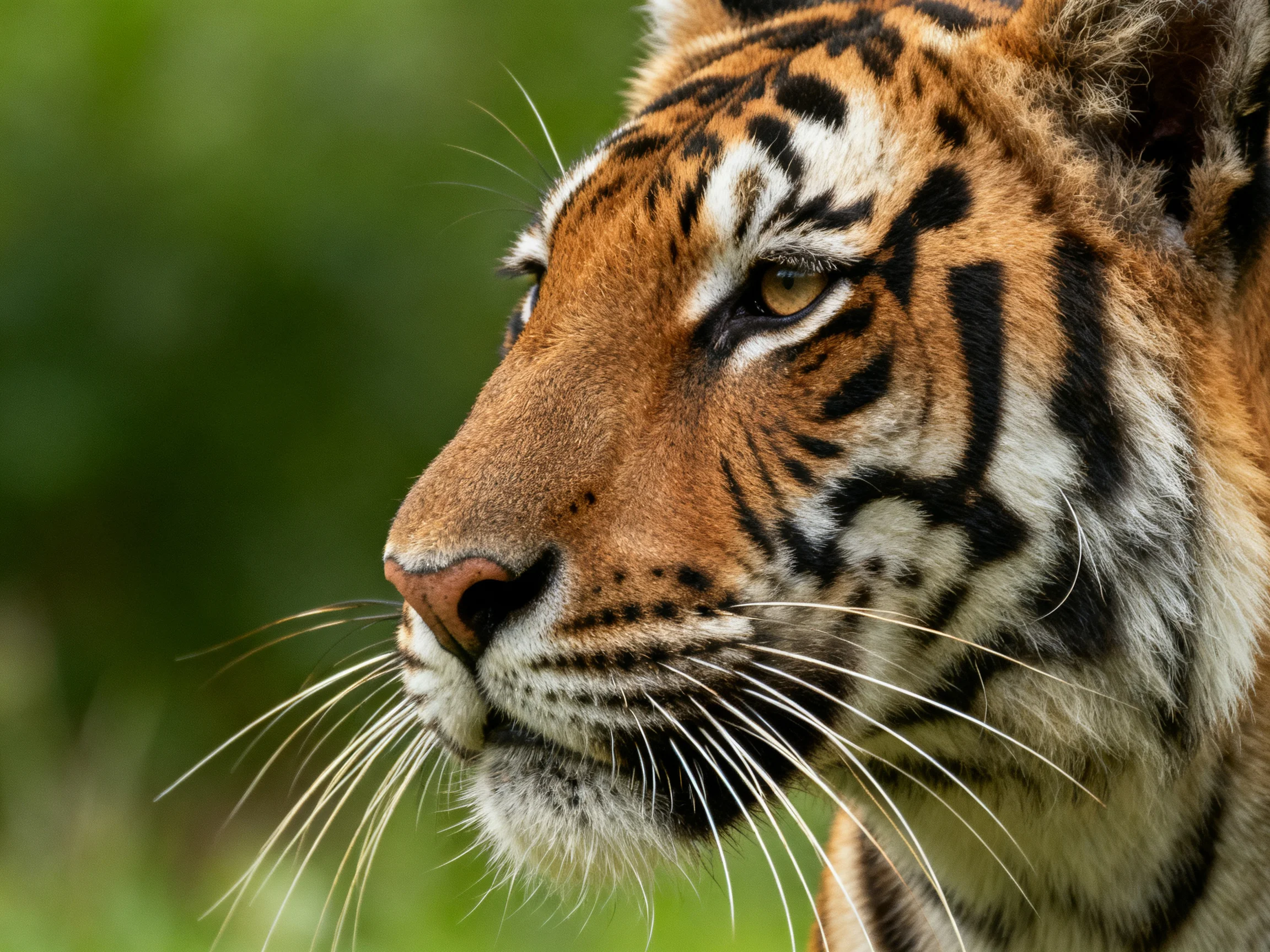 A close - up view of a tiger’s profile highlights its bold black stripes and natural surroundings.