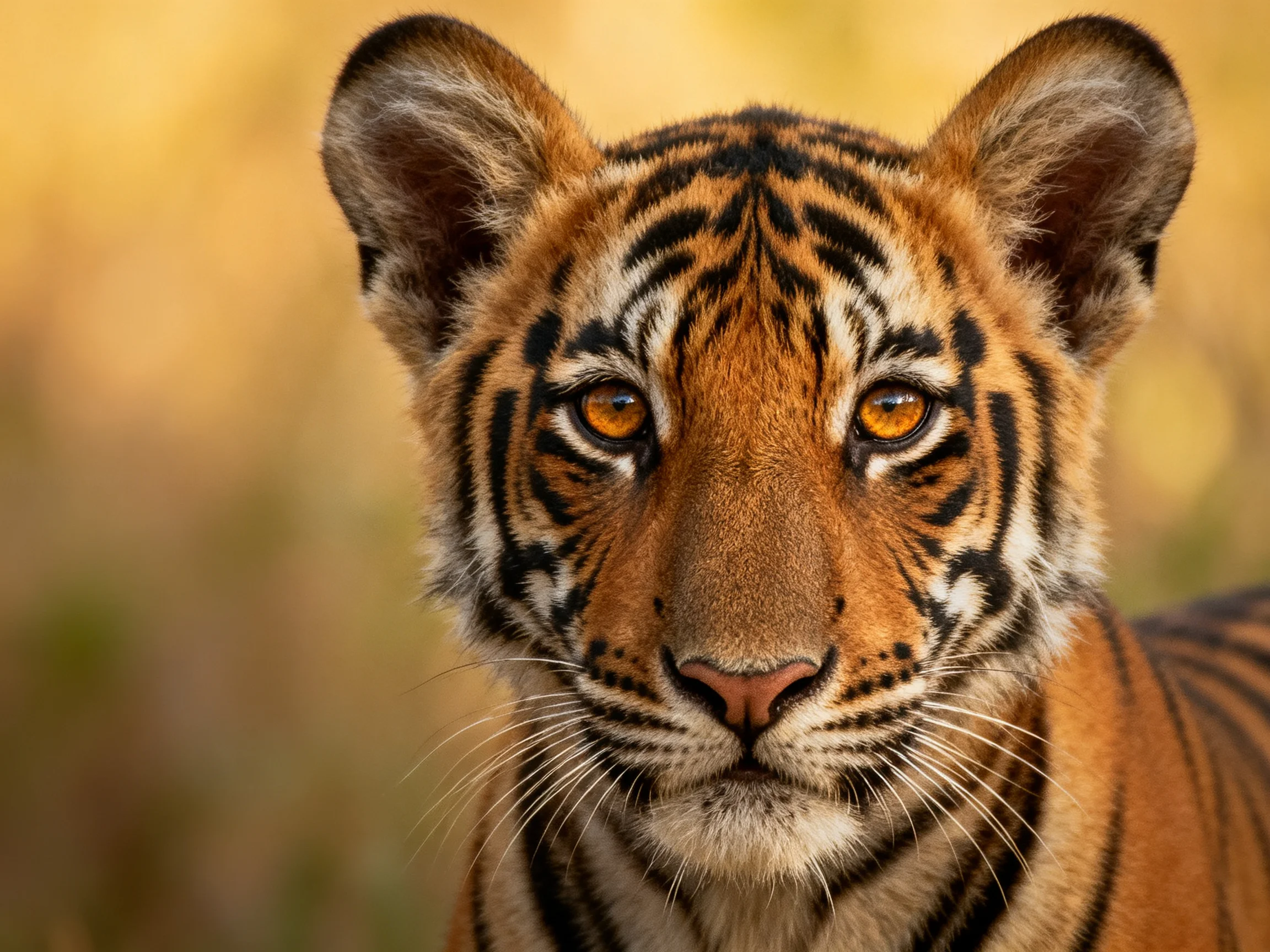 A young tiger cub’s face is shown up close with distinct markings.
