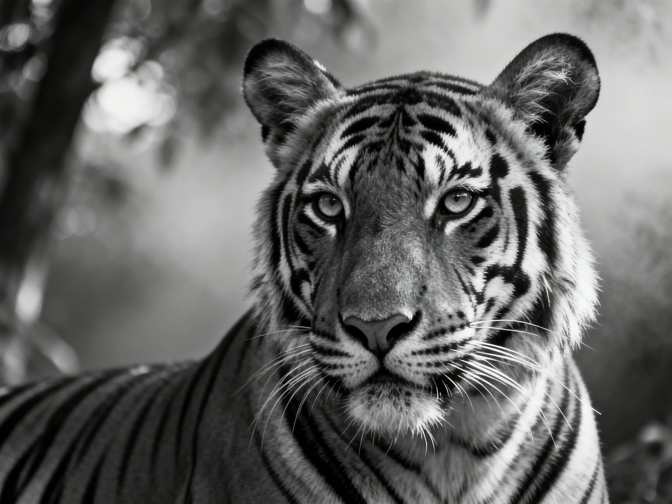 A close-up black-and-white portrait showcases a tiger’s distinct stripe patterns.