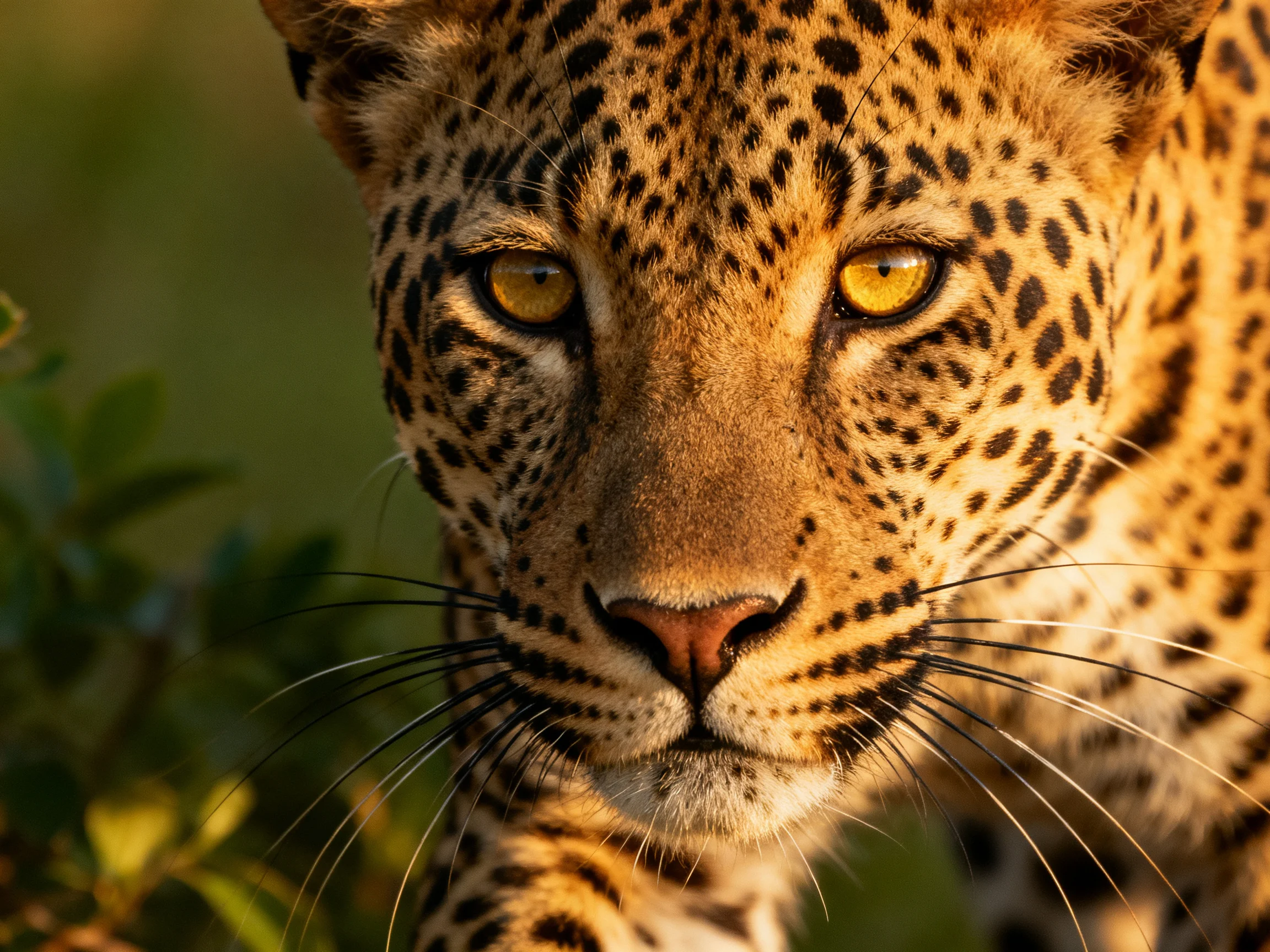 A close-up of a leopard with bright yellow eyes in a natural setting.