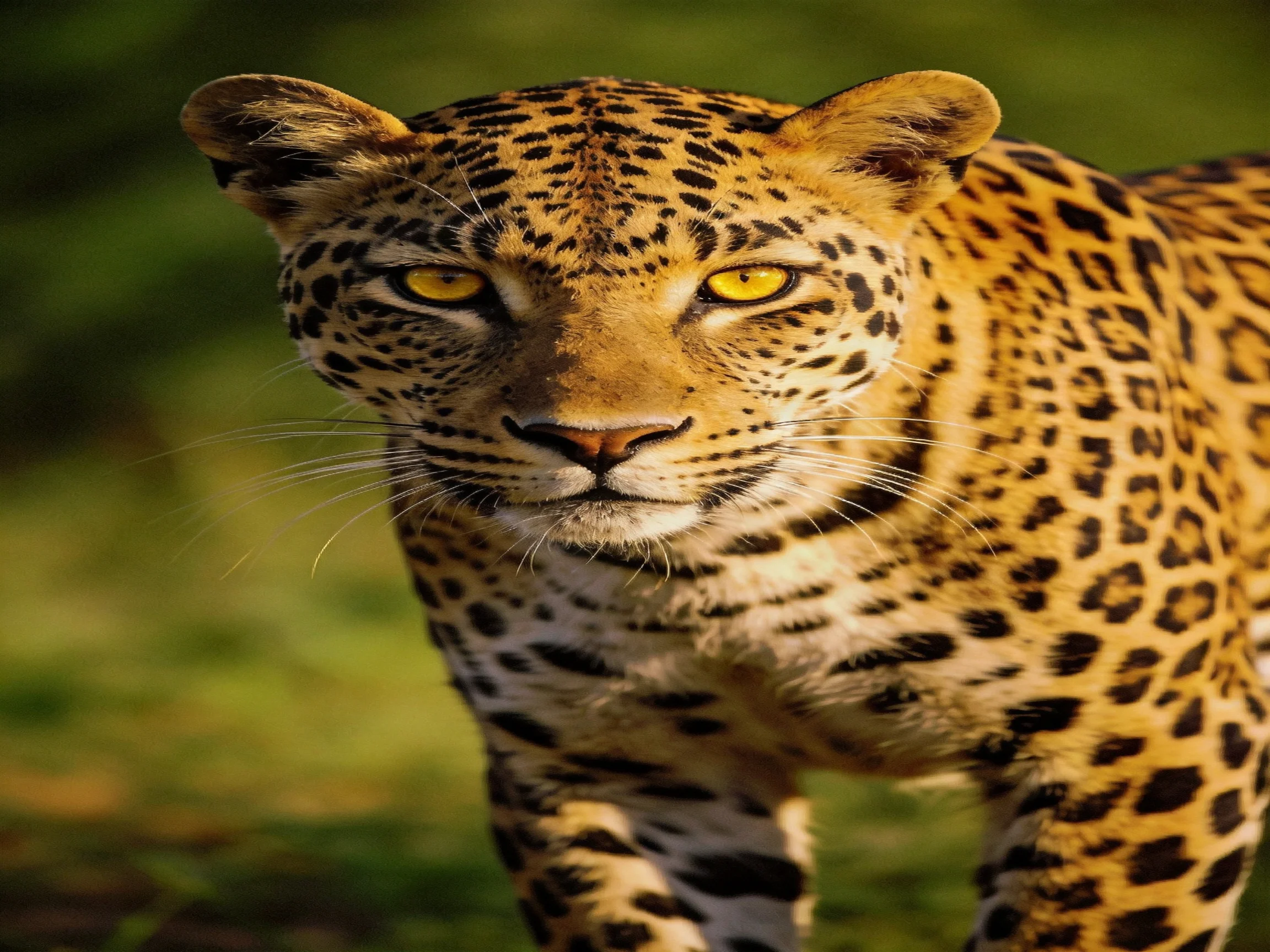 A golden-spotted leopard gazes intently with bright yellow eyes in a natural setting.
