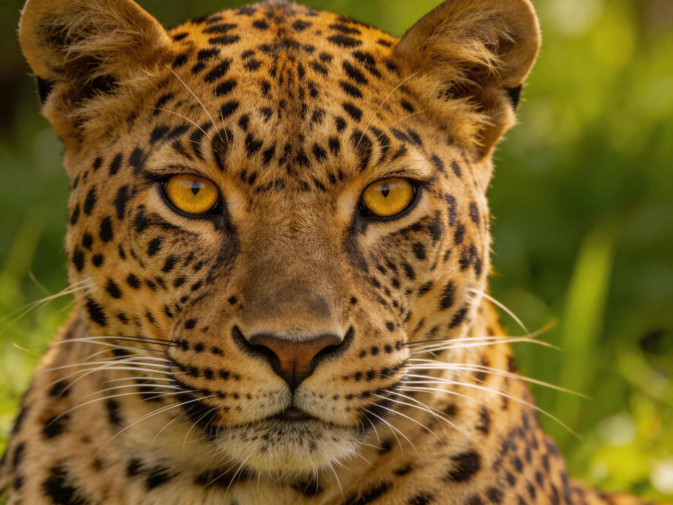 A golden-spotted leopard stares directly into the camera with bright yellow eyes