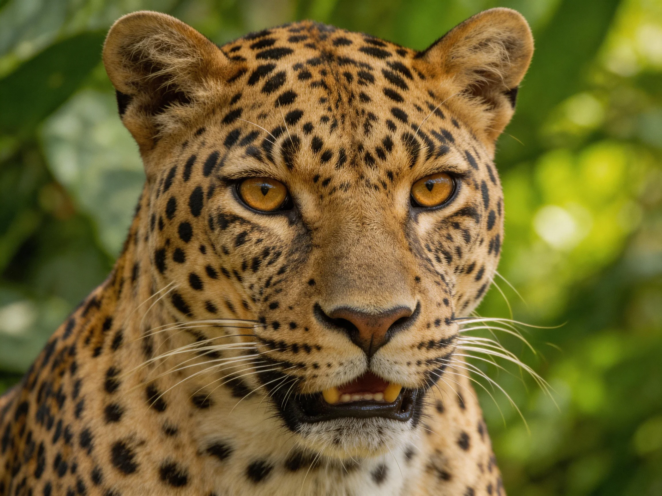 A leopard with golden eyes is shown up close in a natural setting.
