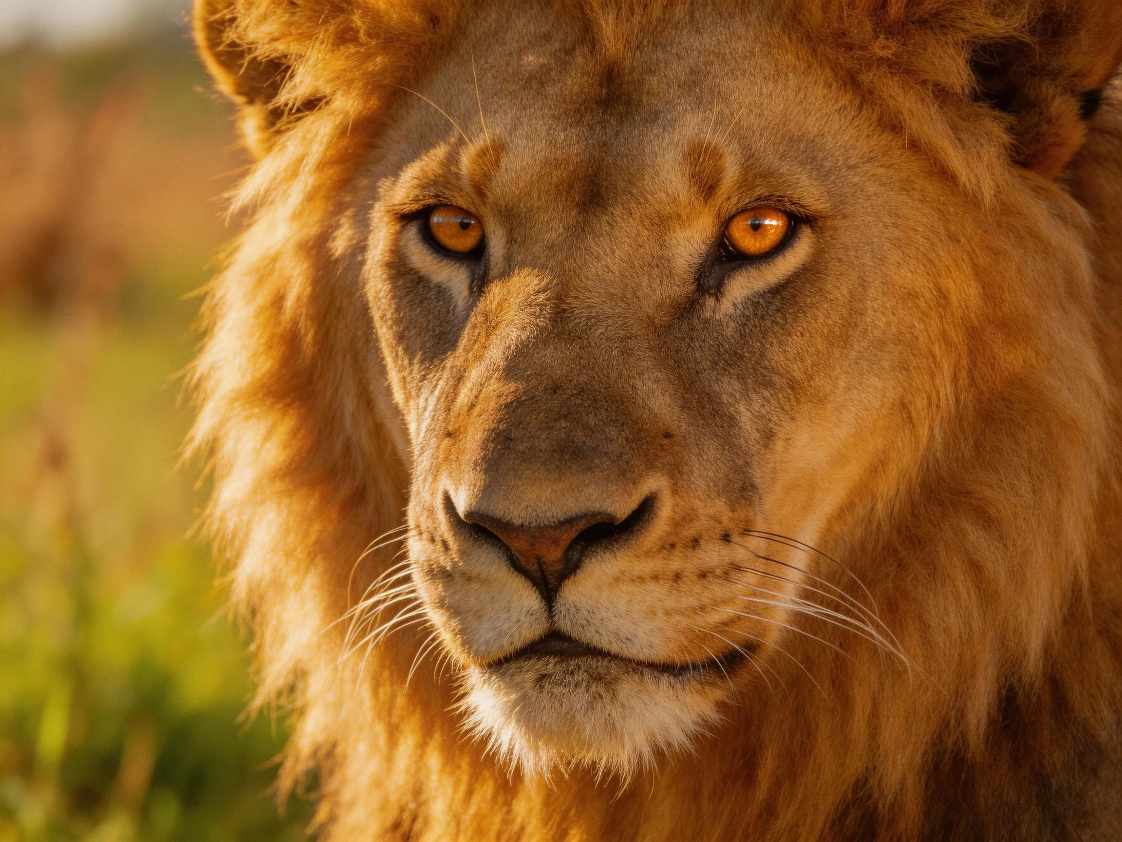A lion with a thick golden mane is shown up close in a natural setting.