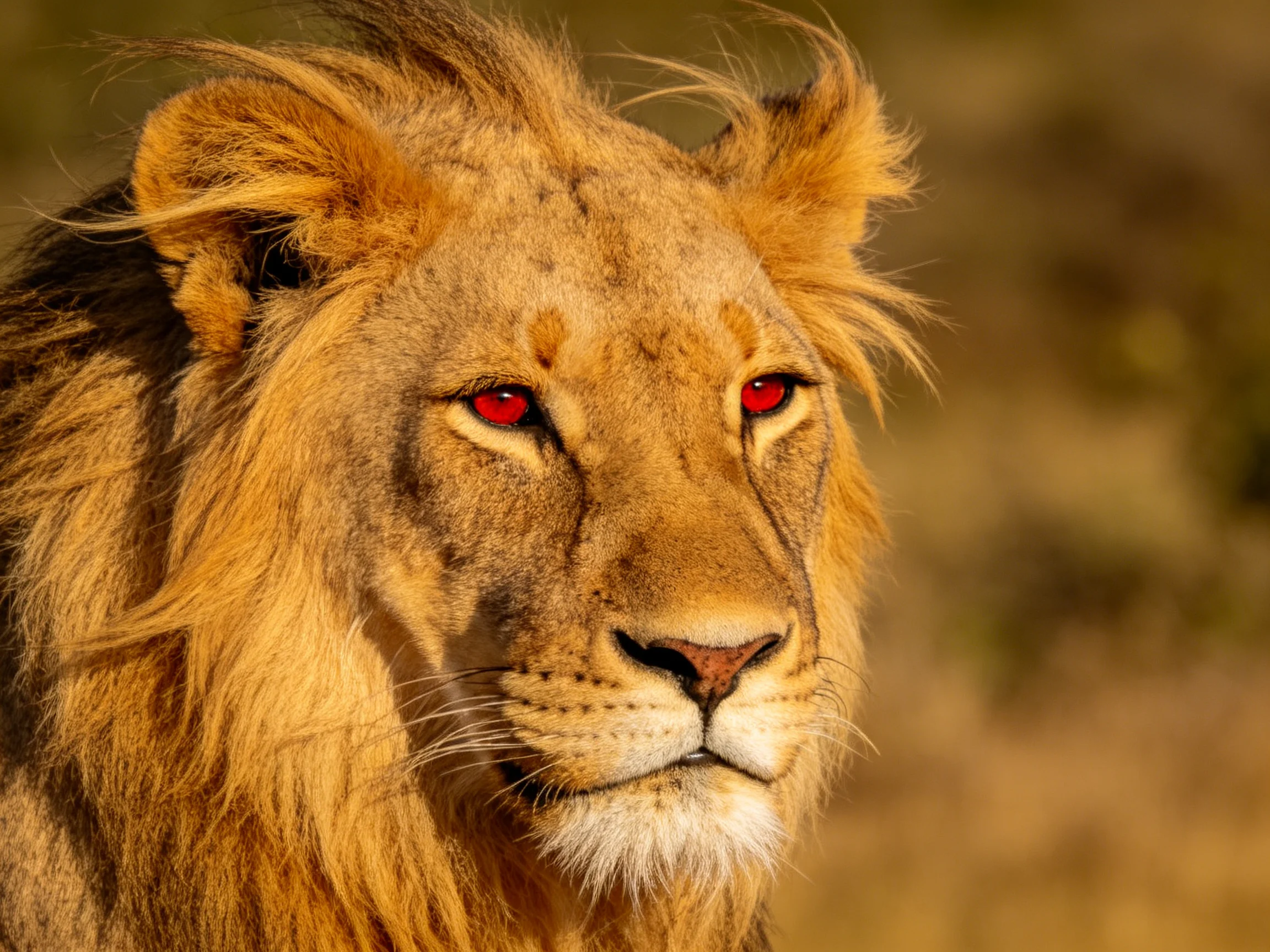 A lion with vivid red eyes and golden fur is shown in a detailed close-up.