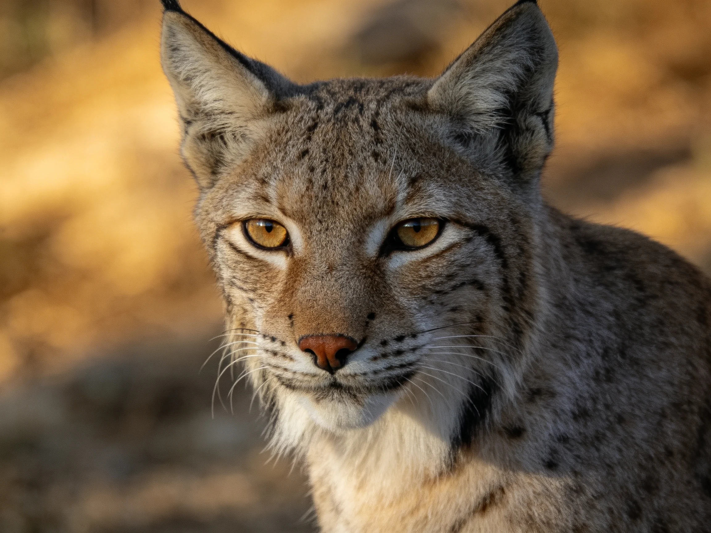 A lynx with amber eyes is photographed up close amid a sunlit, blurred natural background.