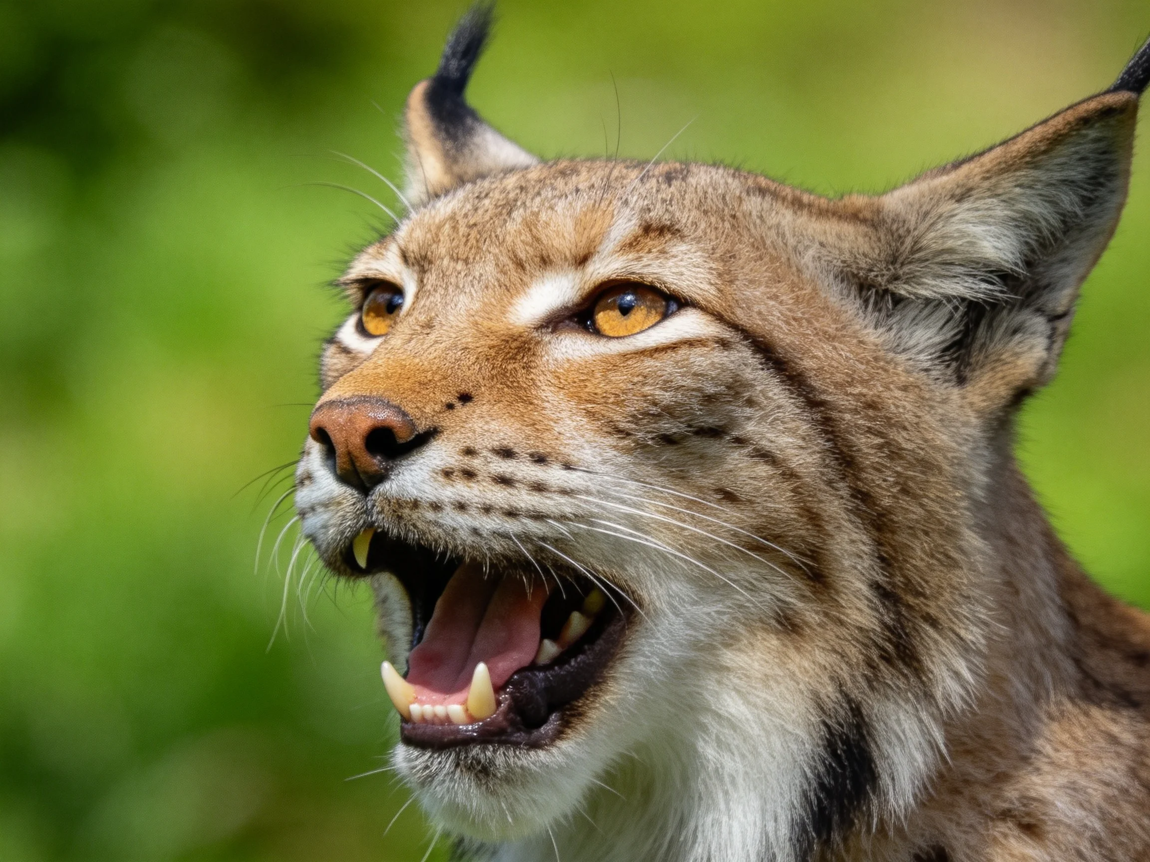 A close-up of a lynx with open mouth against blurred green foliage