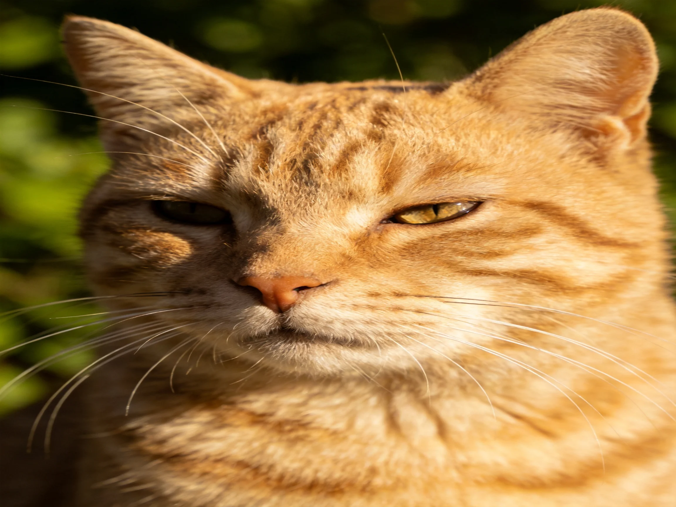 A close-up shows a relaxed orange tabby cat with half-closed eyes.
