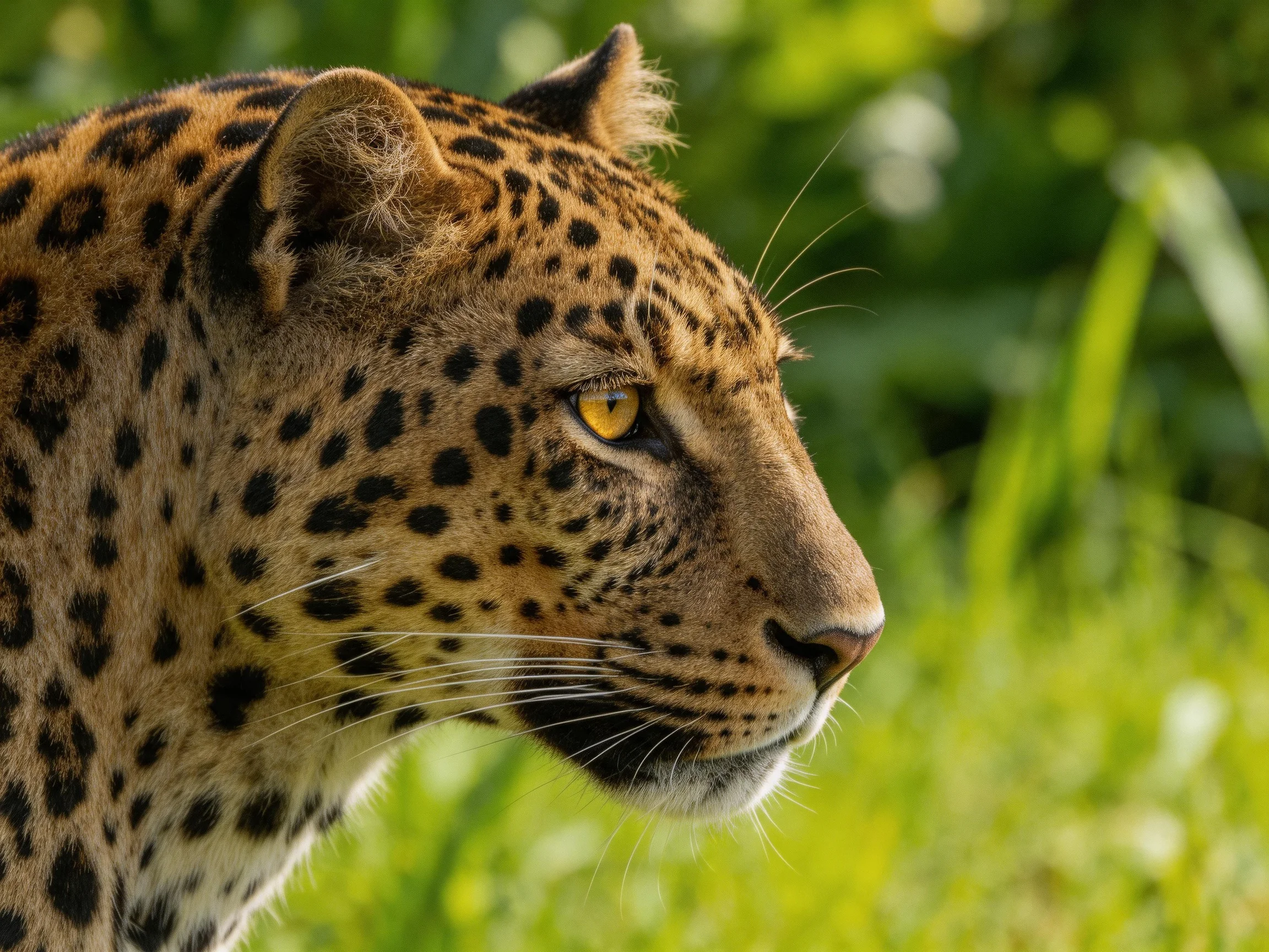 A leopard with distinctive spots is near green vegetation