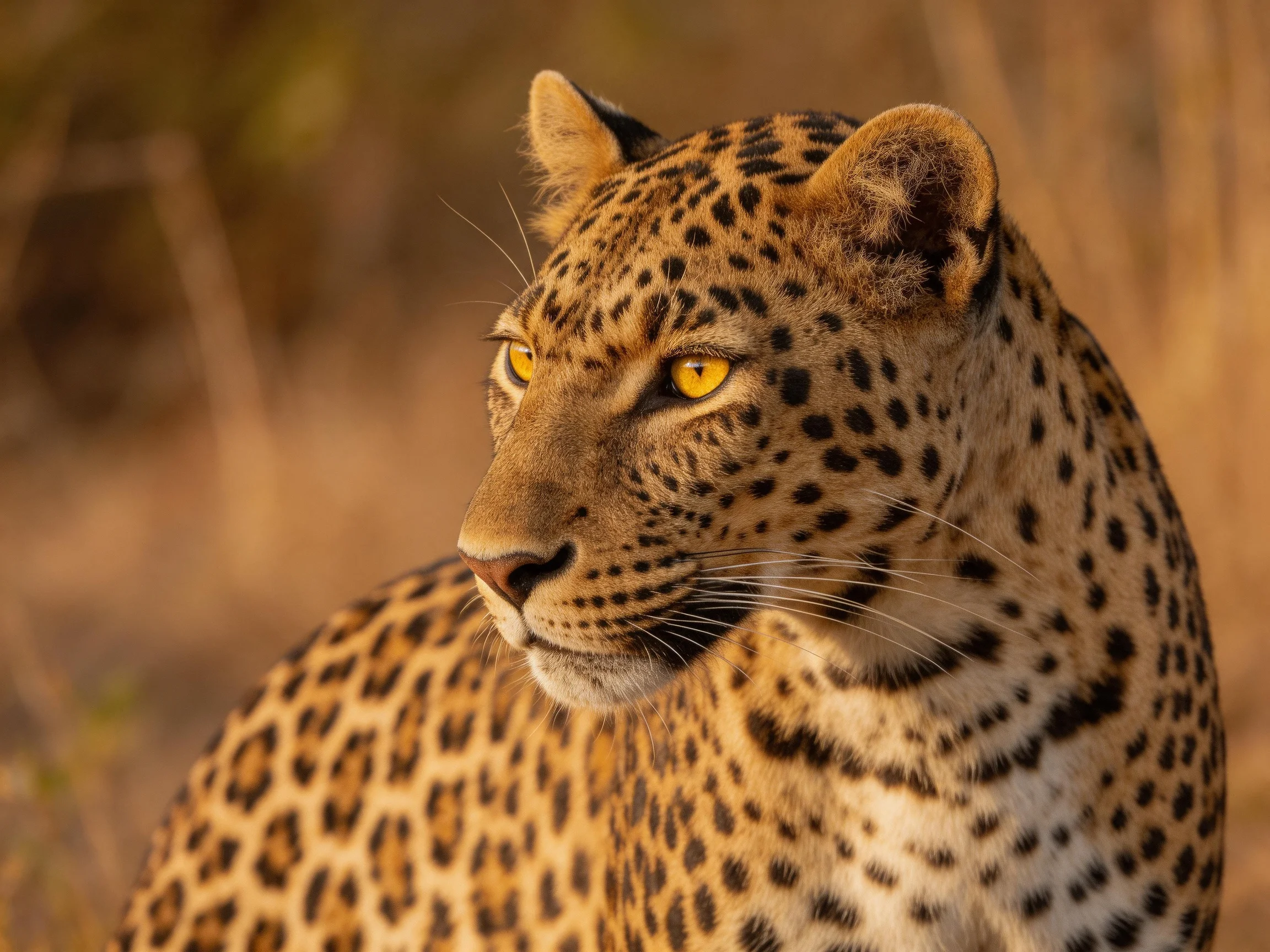 A spotted leopard gazes attentively in its natural habitat.