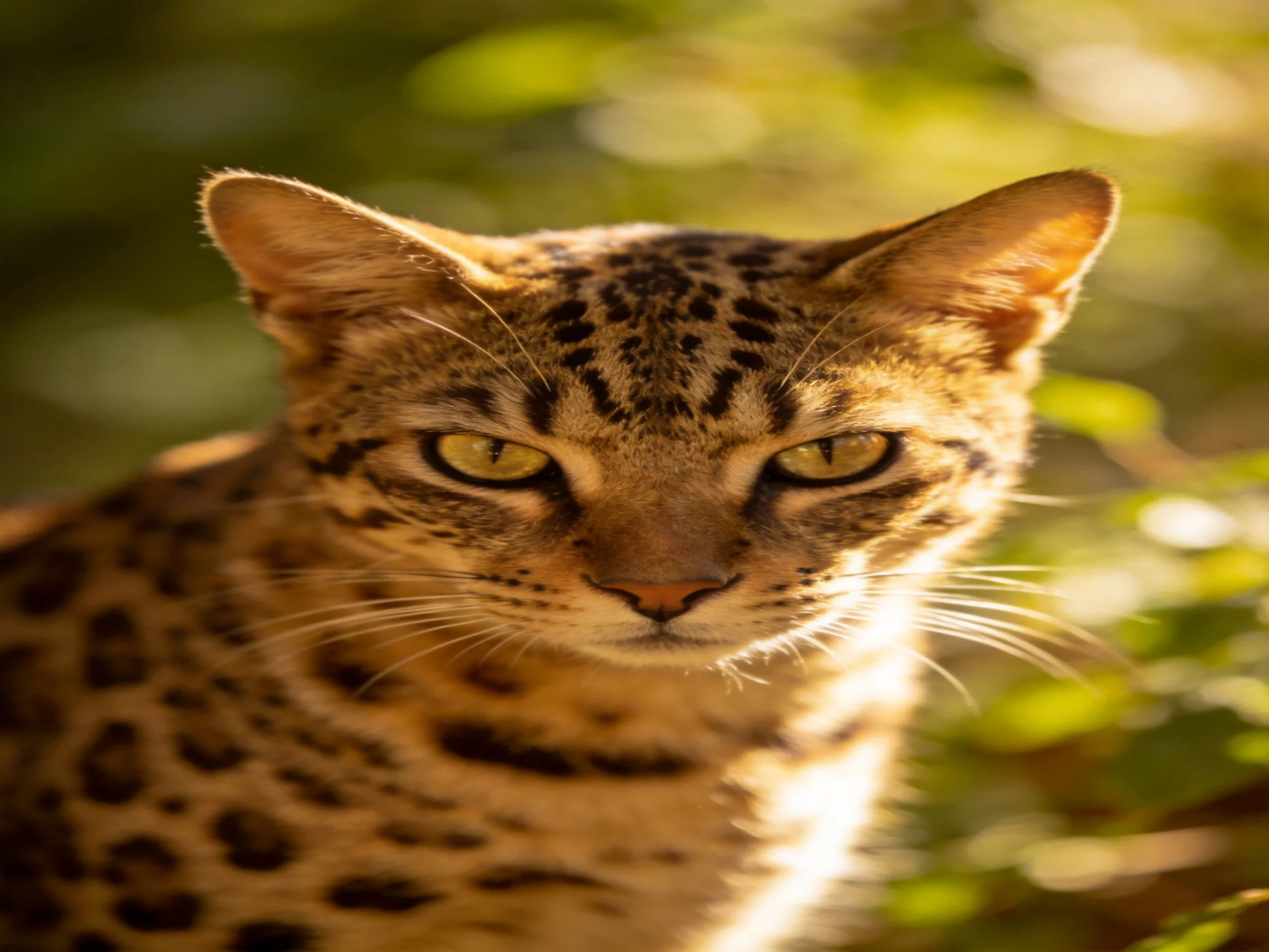 A spotted wild cat intently looks forward amid sunlit foliage.