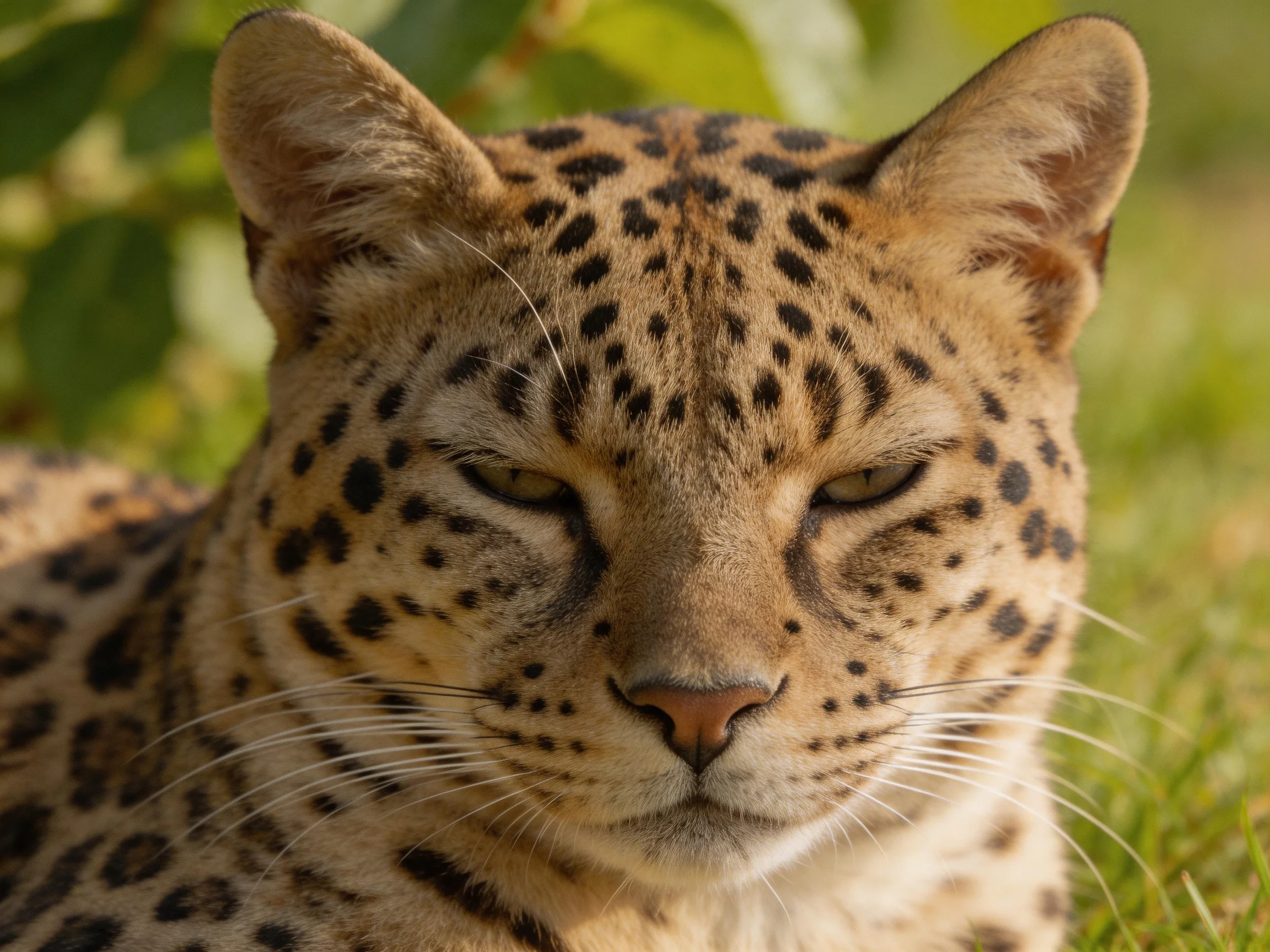 A close-up shows a spotted wildcat resting in green surroundings.