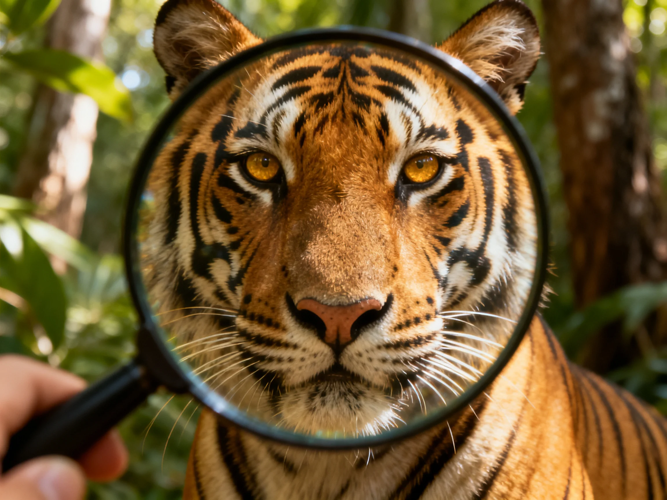 A close-up of a tiger viewed through a large black magnifying glass in a lush forest