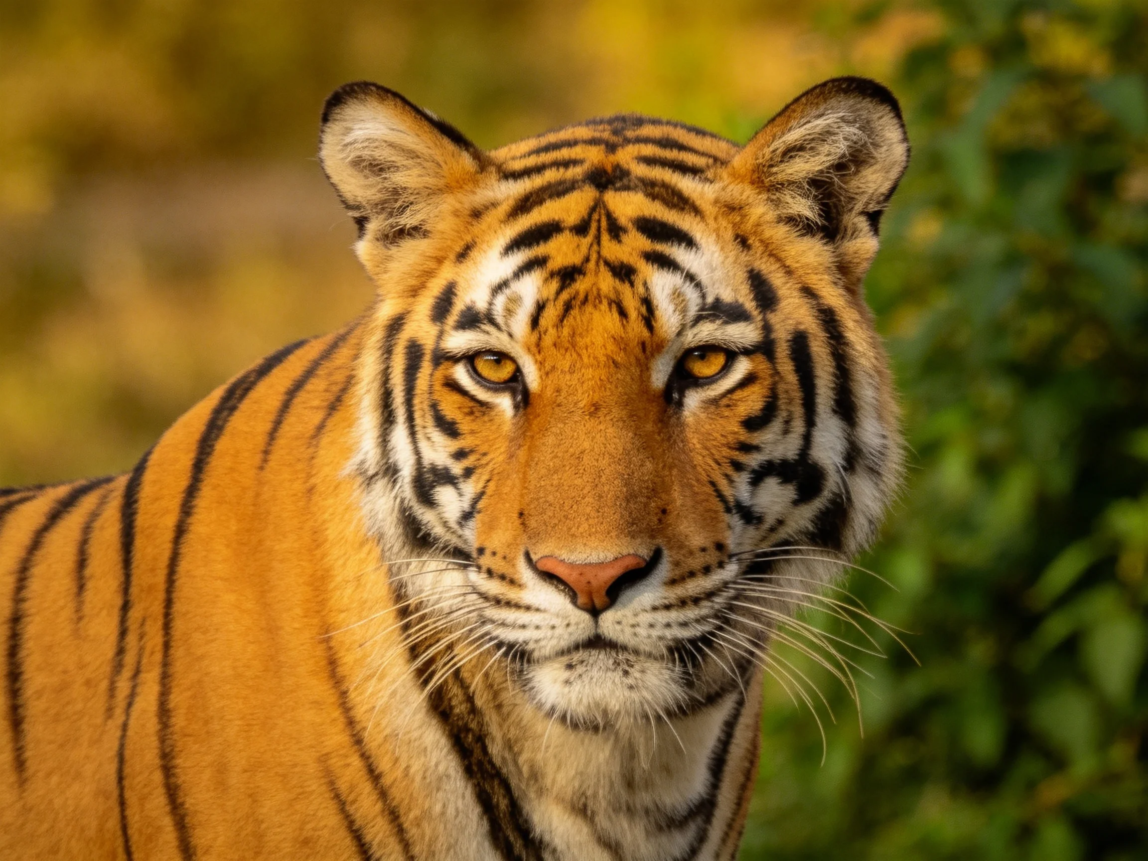 A close-up of a tiger with bold stripes in a natural environment.