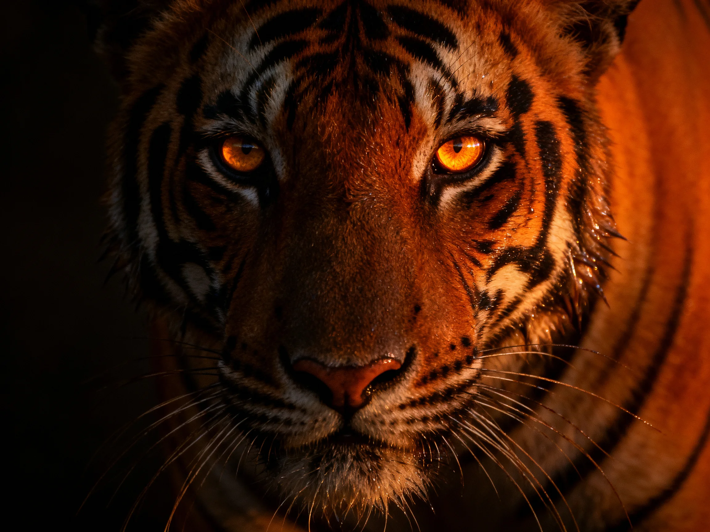 A close-up shows a tiger with vivid amber eyes and prominent black patterns.