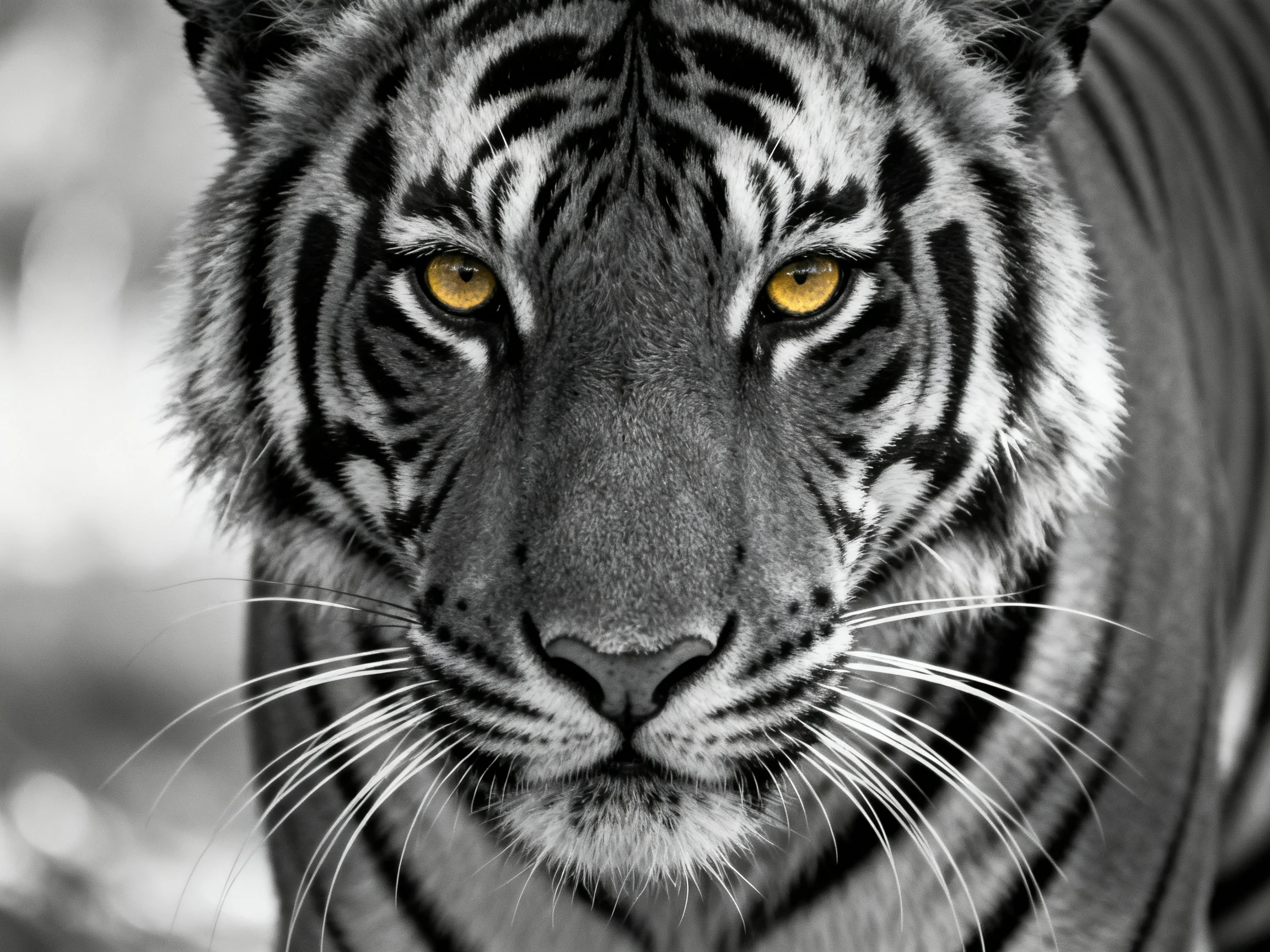 A close-up portrait of a tiger featuring bold black stripes and vivid yellow eyes.