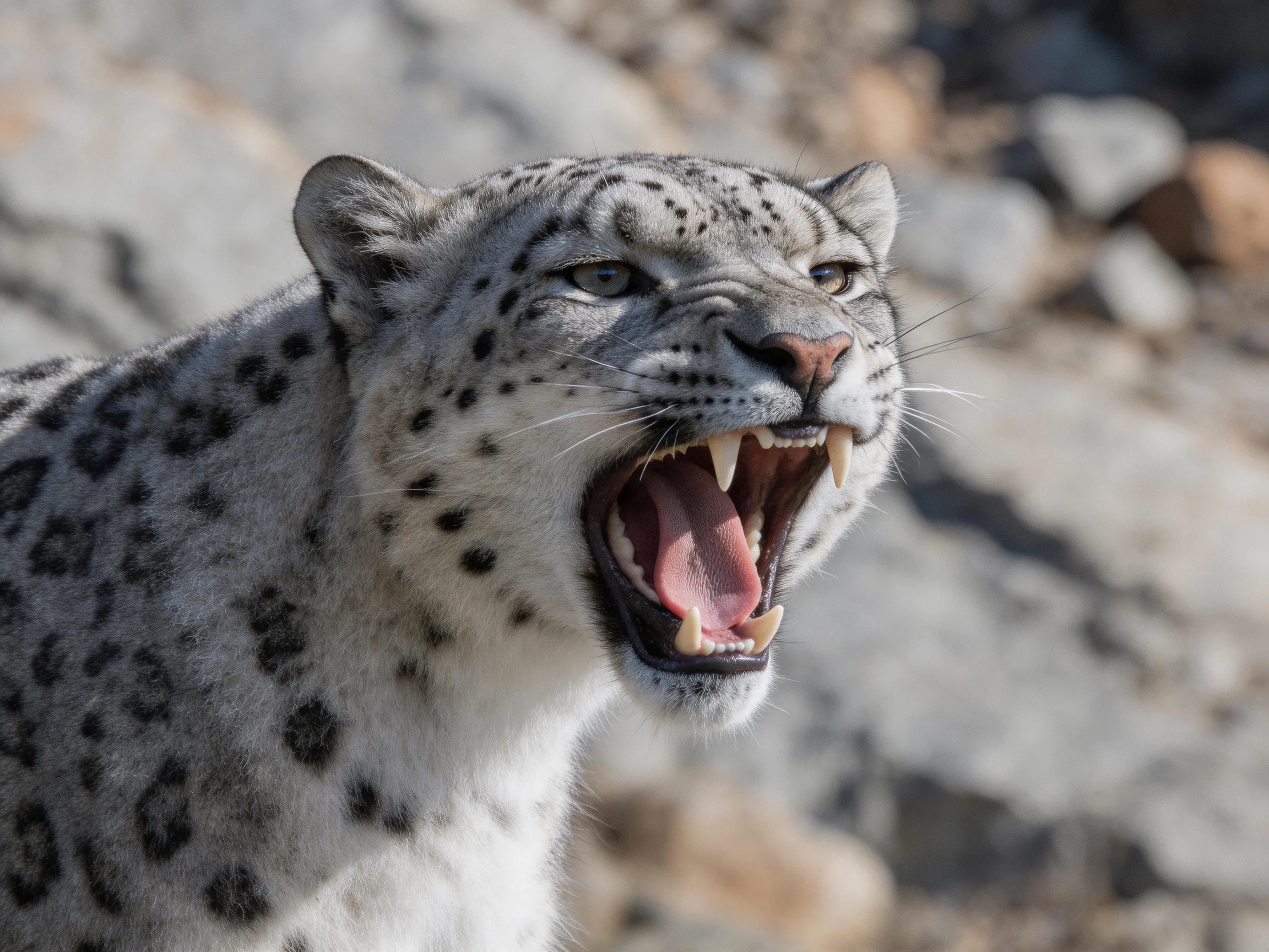 A snow leopard roars with mouth open, surrounded by rocks