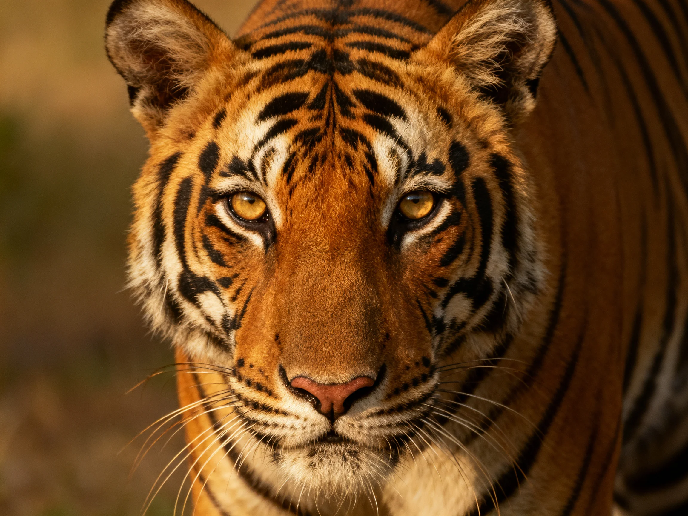 A close-up portrait of a tiger with distinct black stripes and orange fur.